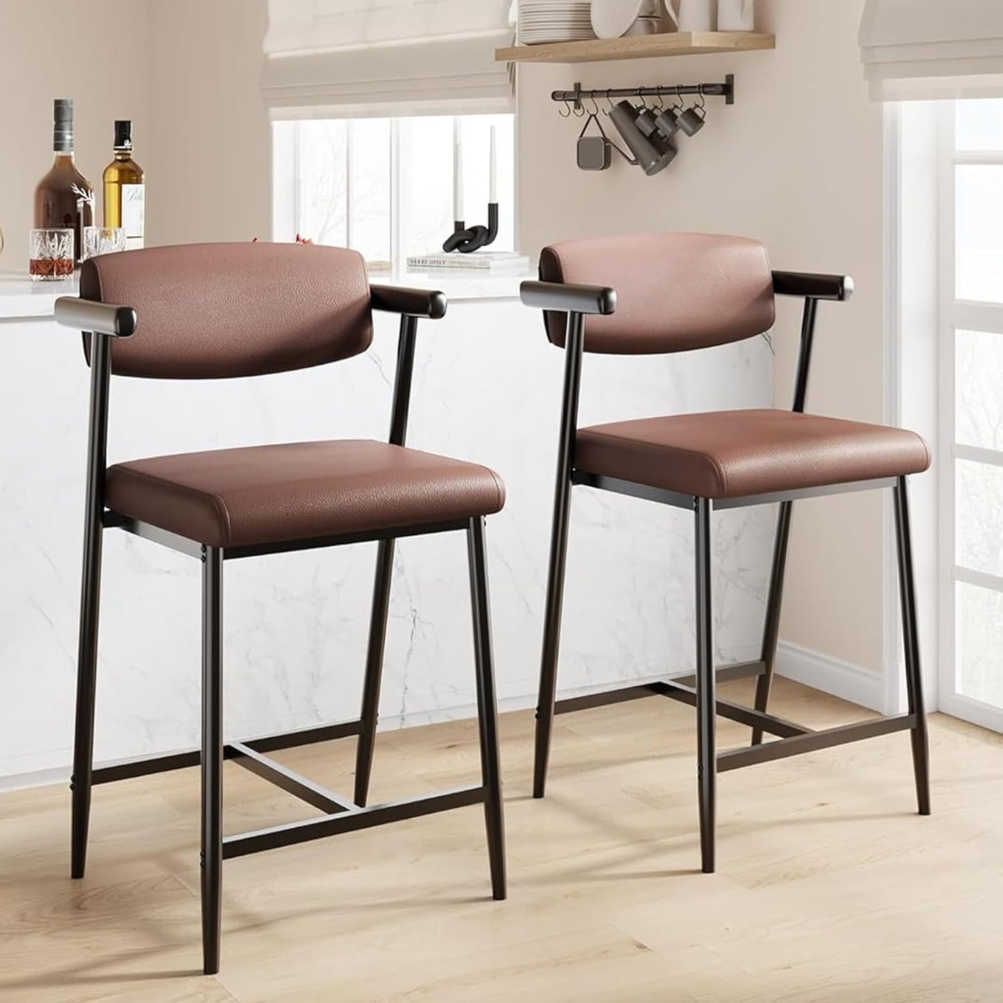 GarveeHome Bar Stools Set of 2, 26.5" Upholstered Counter Height Bar Stools for 2 with Armrest, Wider Thickened Cushion, Bar Chairs with Backrest for Bar, Dining Room, Kitchen, Retro Brown