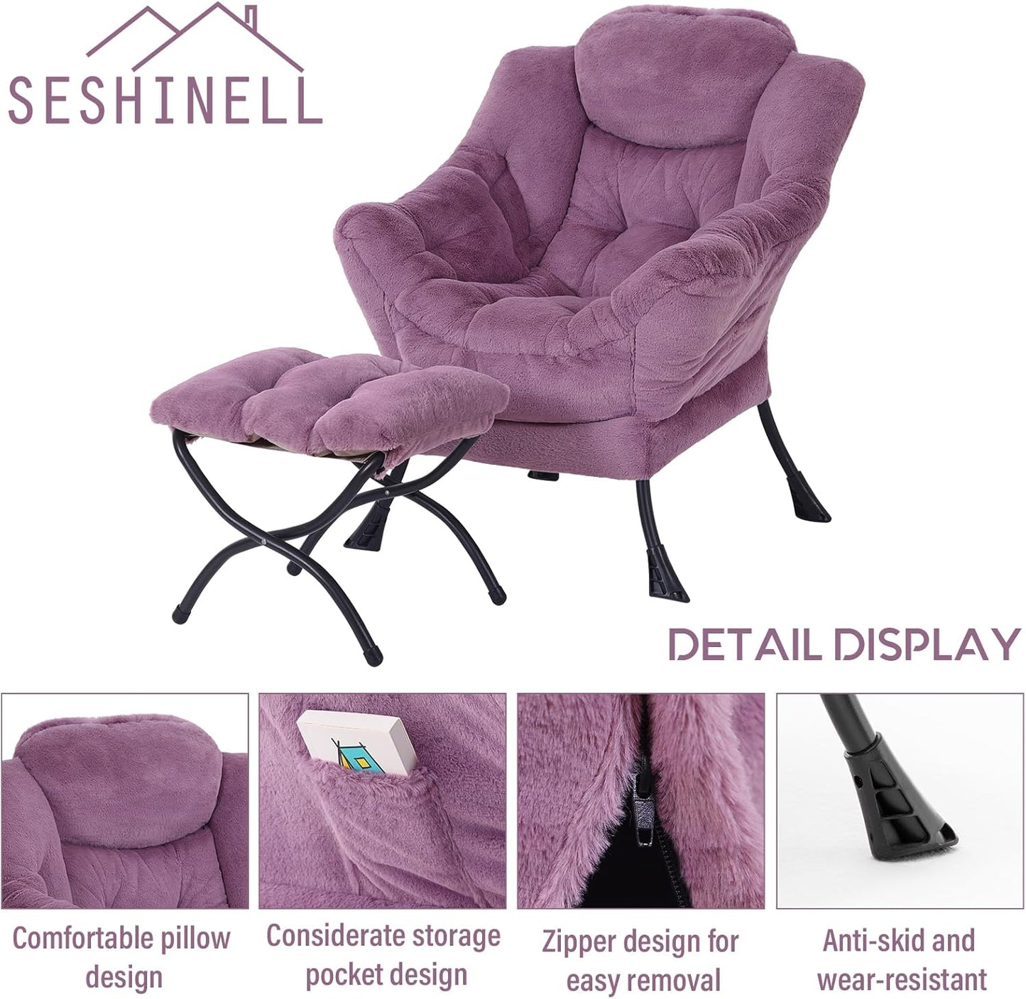 Lazy Chair with Ottoman, Modern Accent Chair Contemporary Lounge Leisure Sofa Chair with Armrests, Reading Chair and Folding Footstool Set for Living Room, Bedroom, Office