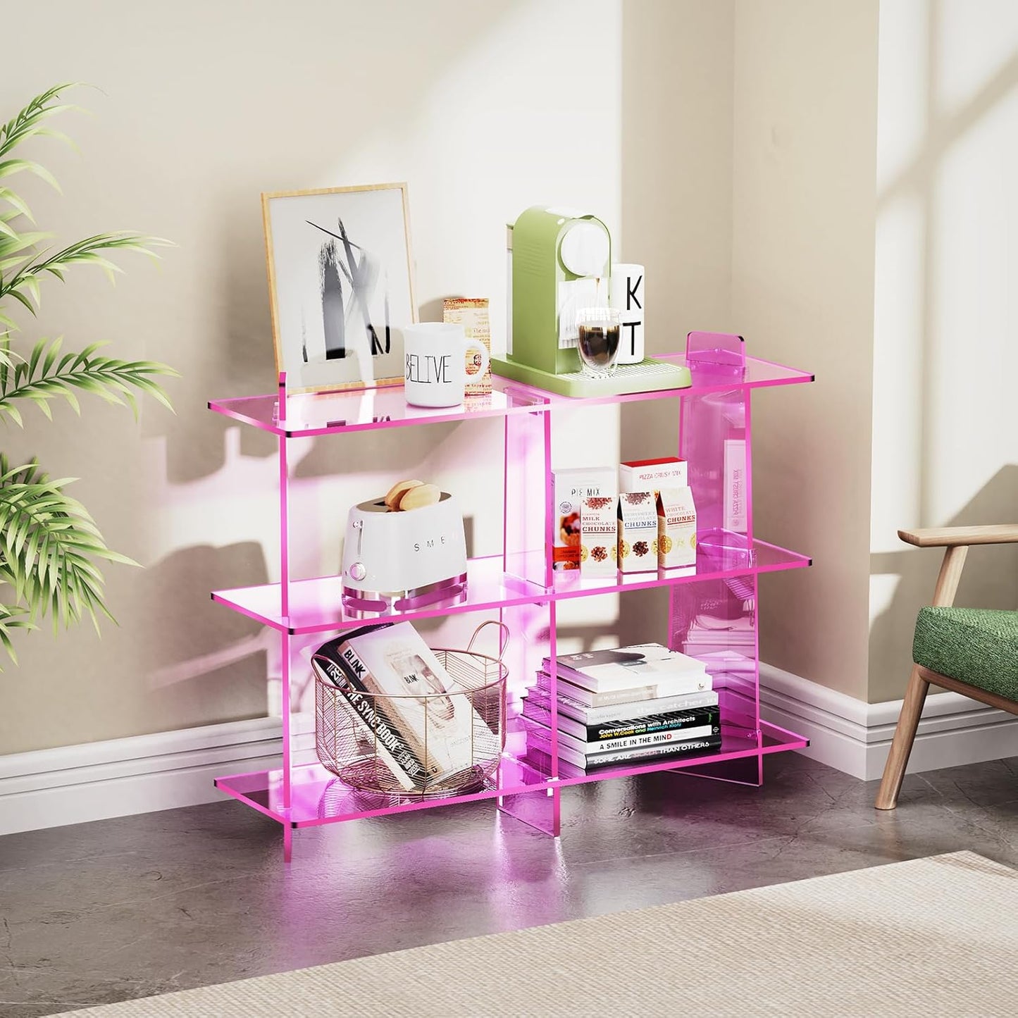 Acrylic Bookshelf, Small 3 Tier Open Bookcase for Small Spaces,Sofa Table, Hallway Entry Table for Home Living Room (Pink, 39.4'' x 11.8'' x 31.5'')