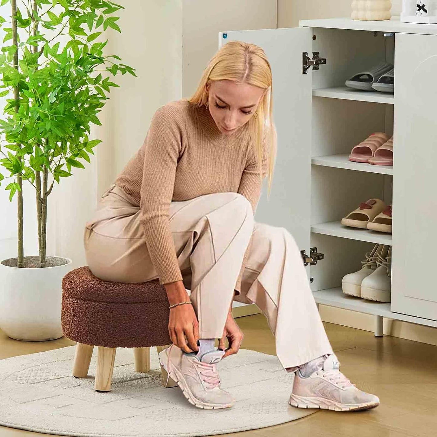 Wimarsbon Storage Ottoman, Modern Round Footrest with Soft Padded Seat, Teddy Velvet Footstool with Wood Legs, Accent Small Table or Plant Stand for Hallway, Living Room (Brown)