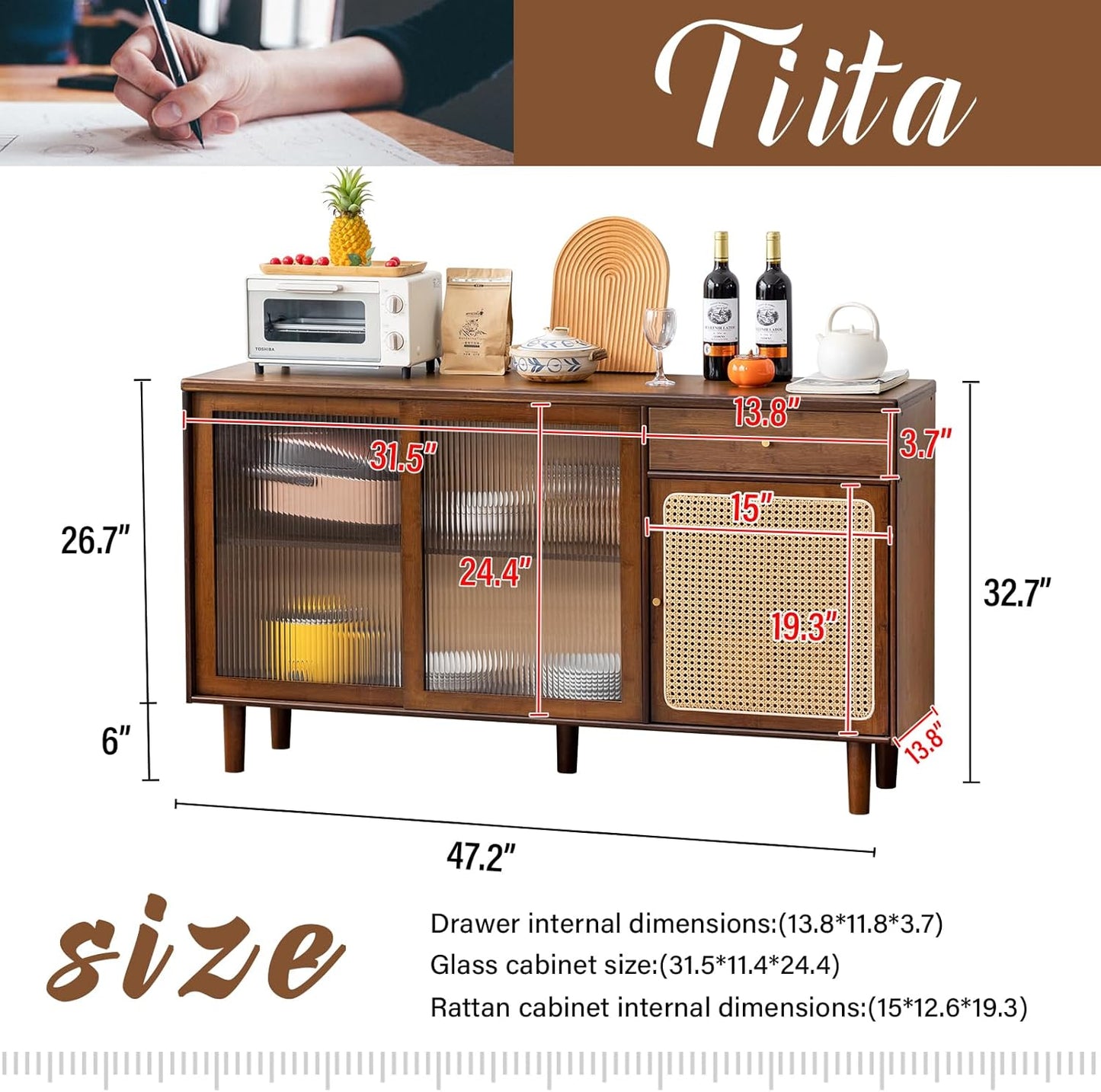 Tiita Bamboo Sideboard Buffet Cabinet, Rattan Kitchen Storage Cabinet with Drawer, Boho Coffee Bar Tables for Kitchen Hallway Office, Walnut