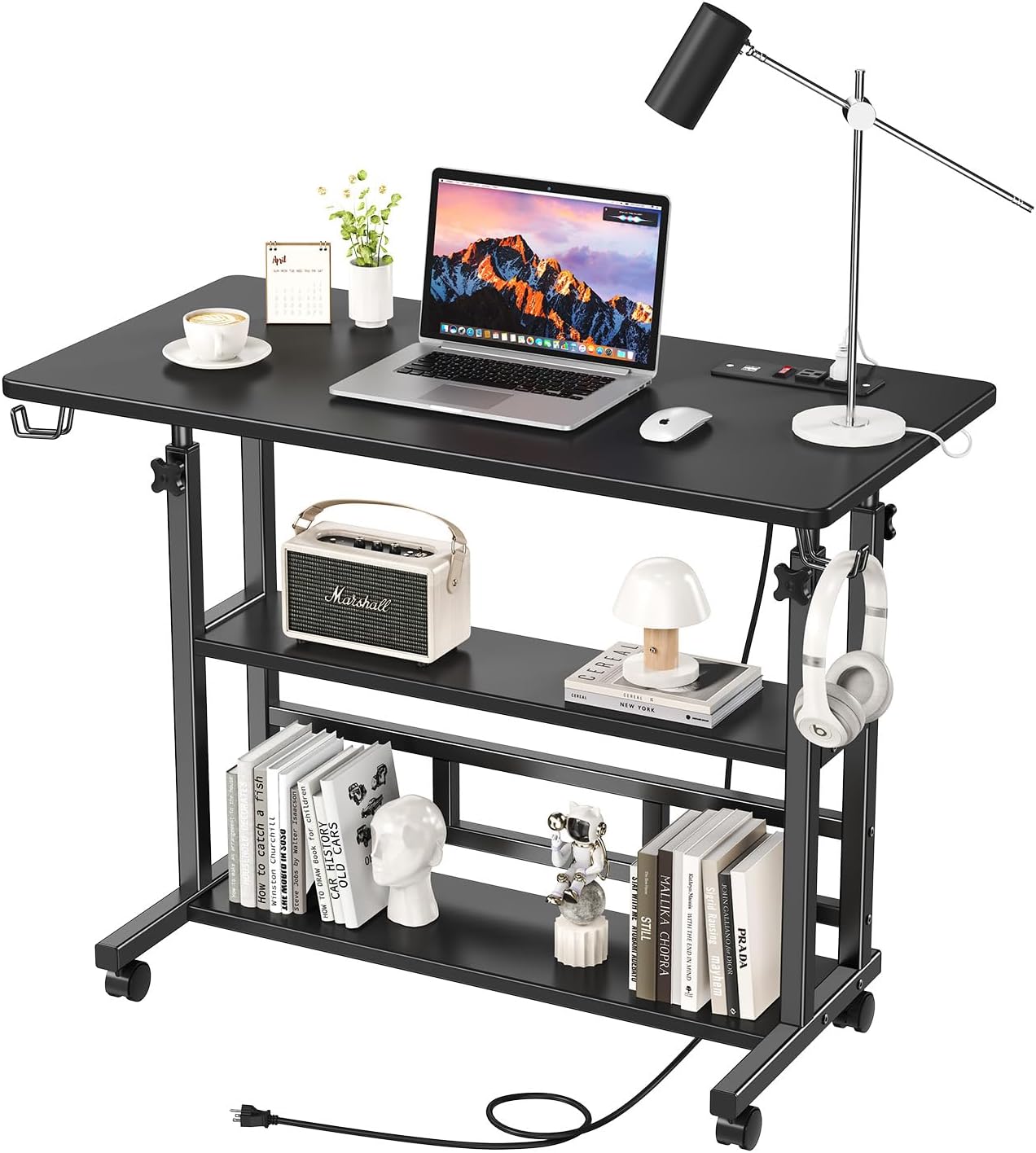 Adjustable Height Standing Desk with Power Outlets, Rolling Stand Up Desk with Storage Shelves, 31.5" Small Mobile Computer Desk, Portable Laptop Table (Black)