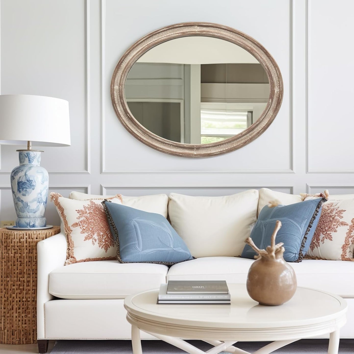 sawsile 24x30'' Rustic Oval Wood Mirror,Decorative Farmhouse Oval Mirrors,Vanity Nature Mirrors for Bedroom, Bathroom, Living Room,or Entryway