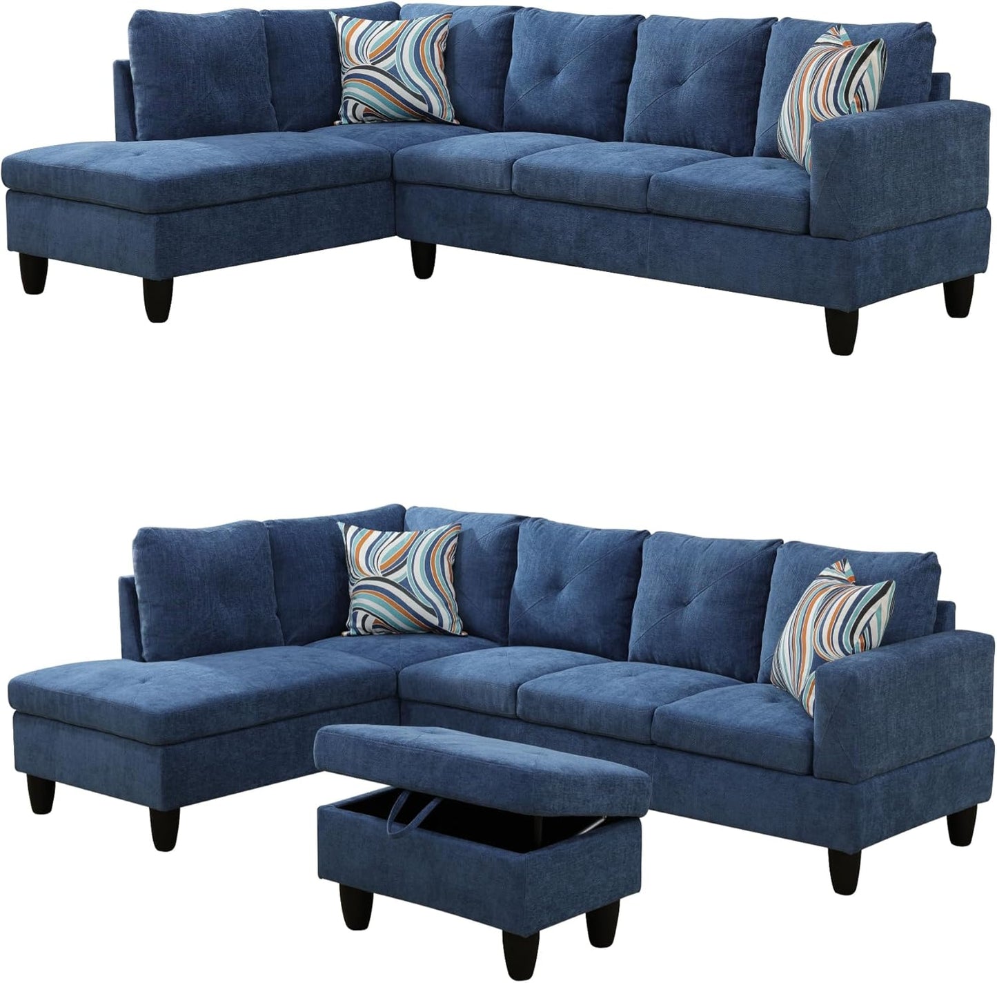 97" L Shaped Sectional Couch, Modern 4 Seat Modular Sectional Sofa with Storage Ottoman, Living Room Sets for Small Spaces, Apartment, Linen, Blue