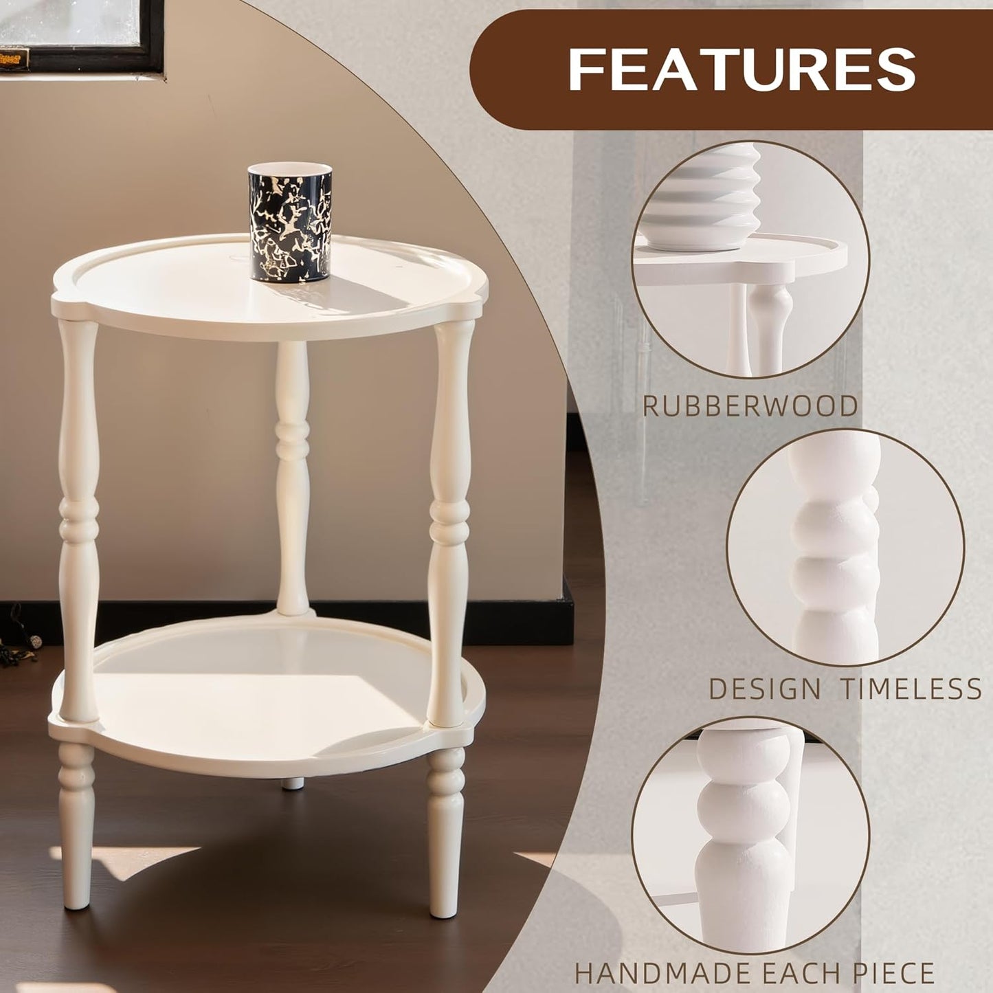 Accent Wood End Table, 2-Tier Round Bedside Table, Natural Side Table Nightstand for Family, Bedroom, Living Room, Handcrafted Finish, White