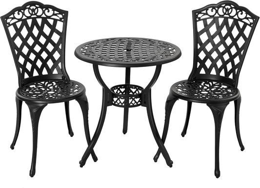 NUU GARDEN 3-Piece Patio Bistro Set Outdoor Cast Aluminum Bistro Table and Chairs Set of 2, Outdoor Patio Bistro Set with Umbrella Hole for Patio Balcony, Black