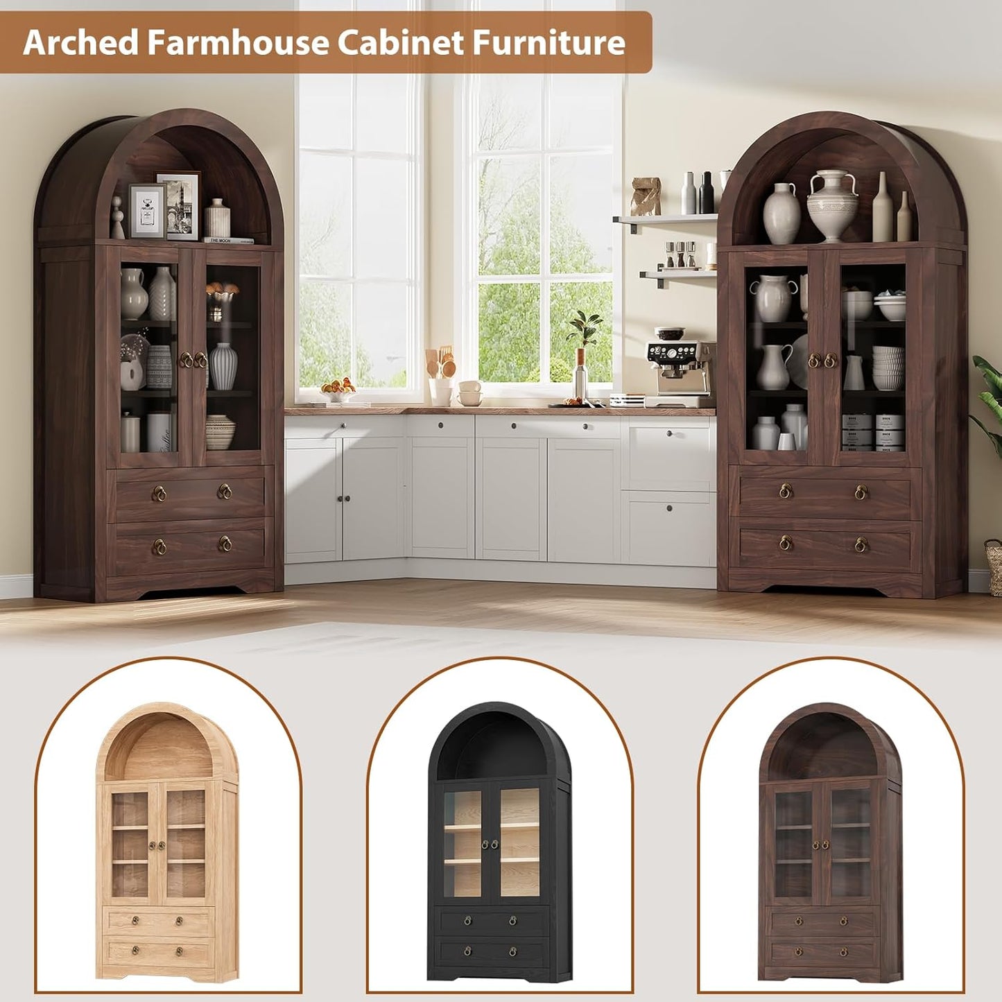 Kitchen Pantry Cabinet, Arched Bookshelf Bookcase China Pantry Storage Cabinet with Drawers Doors and Shelves,71“ Tall Food Pantry Funiture for Living Room,Dining Room (Brown)