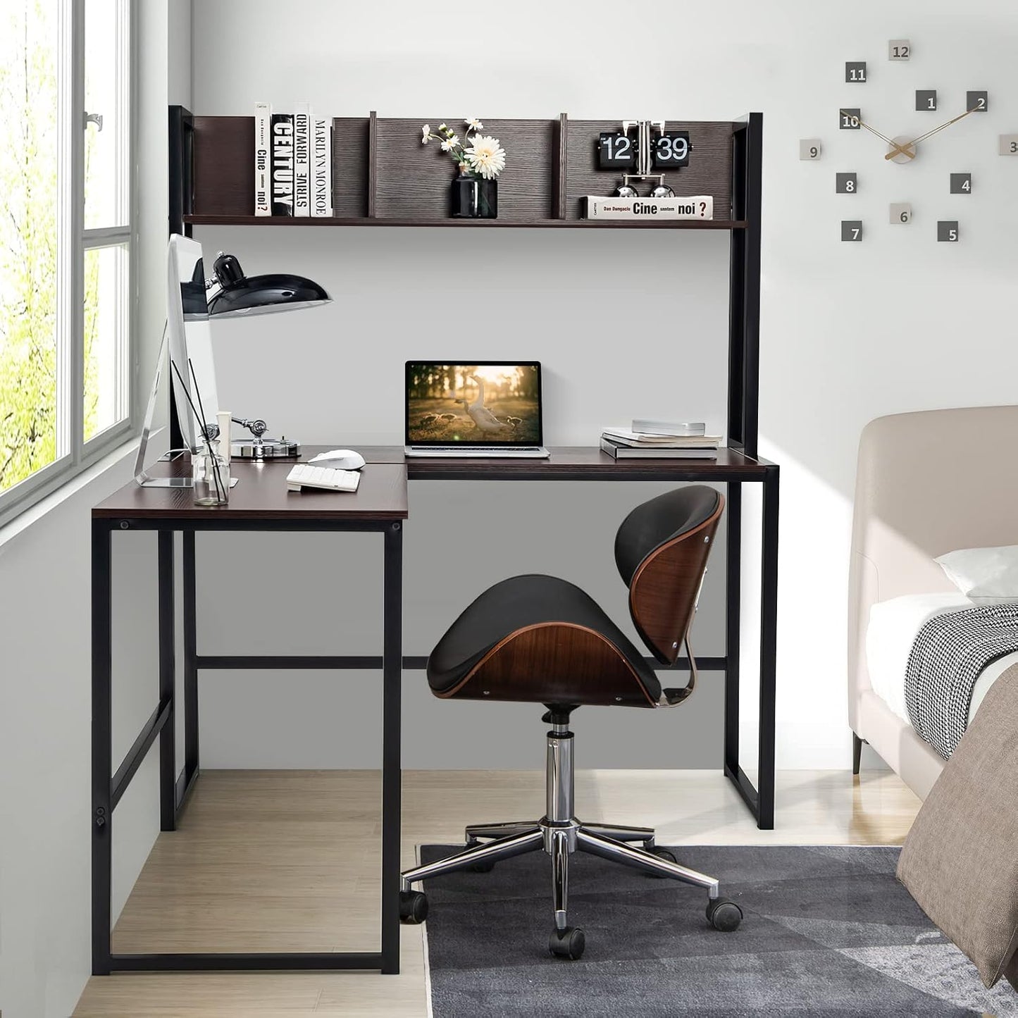 Tangkula Reversible L-Shaped Desk with Hutch, Space Saving Corner Computer Desk with Storage Shelves, Home Office Study Writing Desk Computer Workstation with Storage Bookshelf, Gaming Desk