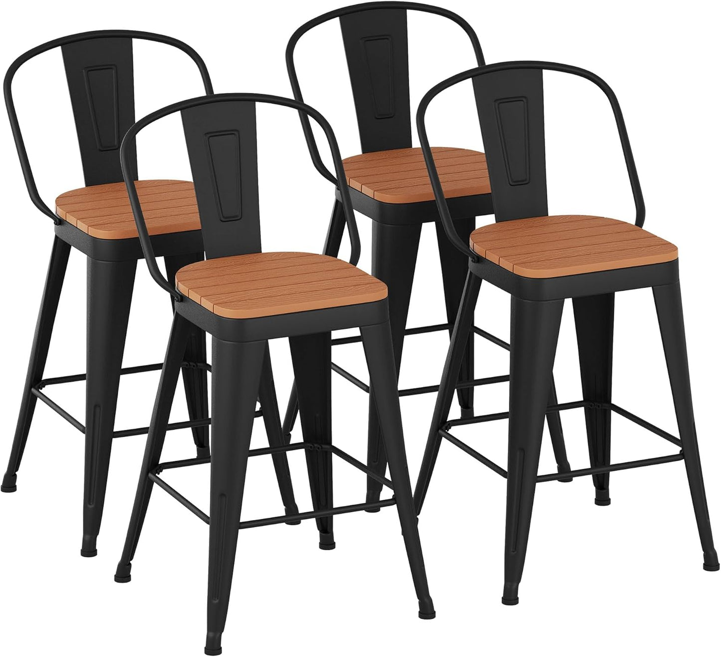 Outdoor Metal Bar Stools Set of 4,24 inch Barstools Counter Height Bar Stool with High Back Farmhouse Kitchen Dining Chairs Bar Funiture for Outside