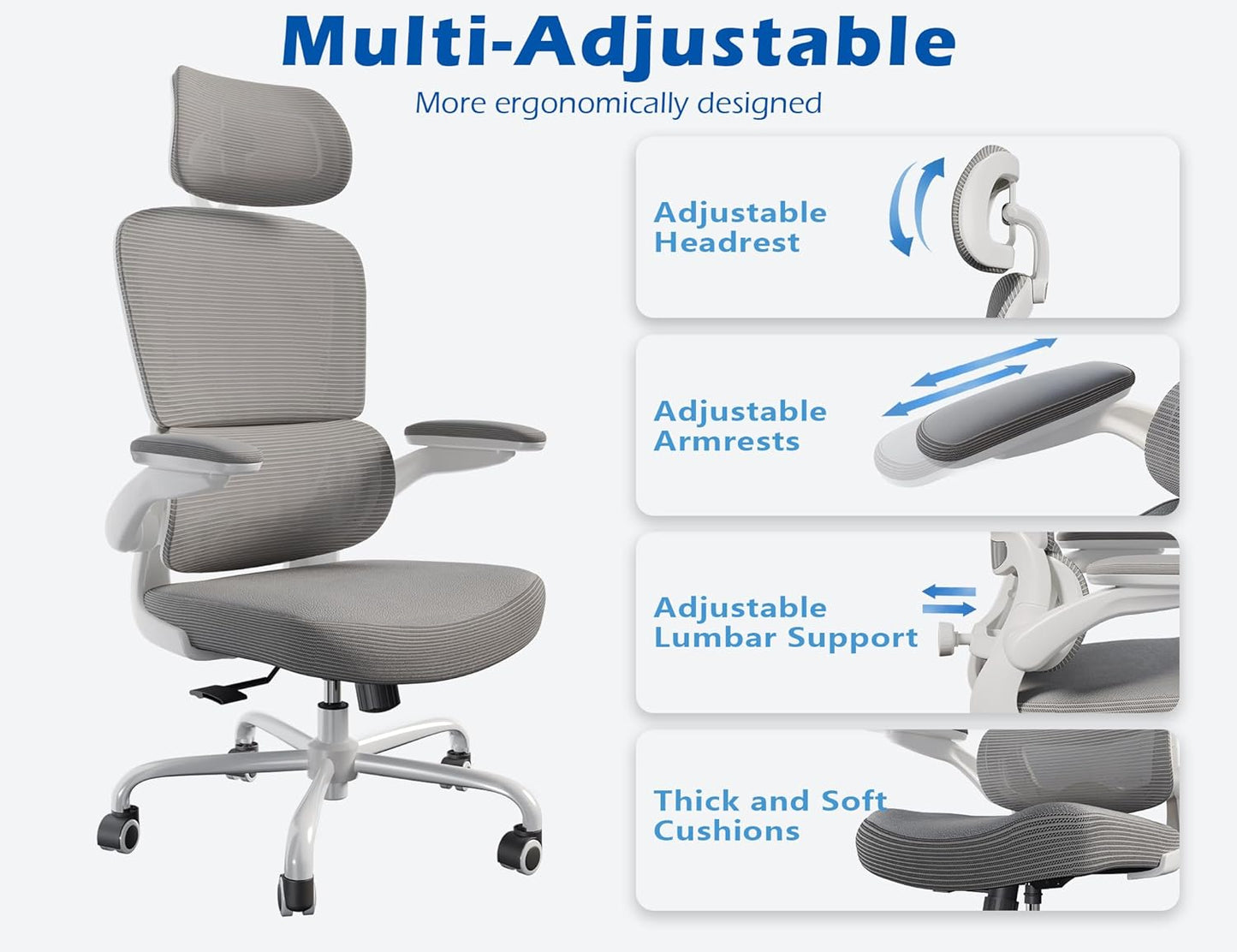 TRALT Ergonomic Office Chair - Desk Chair with Adjustable Headrest Lumbar Support Computer Chair - Mesh Comfy Chair with Flip-up Armrests - Gaming Chairs for Adults Home Office (Leather, Grey)