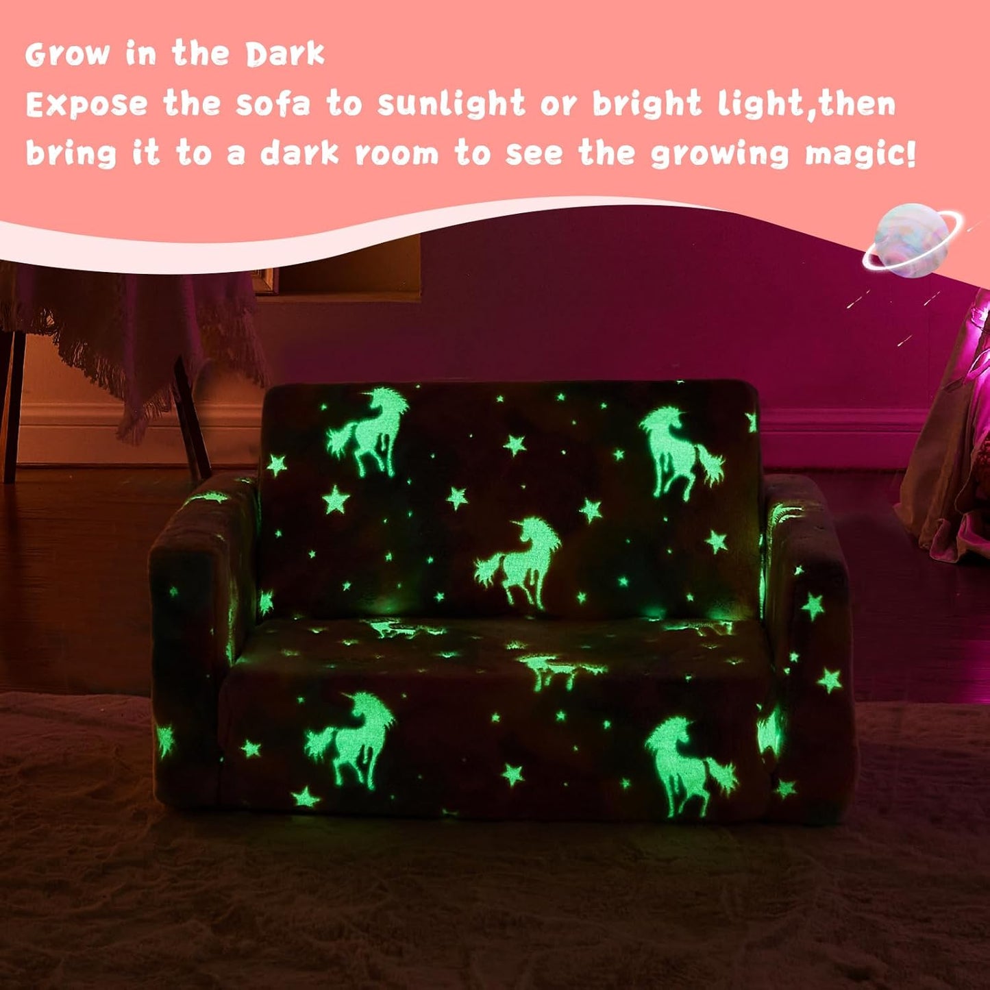 Toddler Couch,Toddler Chair,Kids Sofa Chair 2-in-1 Baby Seat Furniture Fold Out, Convertible Sofa to Lounger Soft Comfy Glow in The Dark Kids Sofa Bed Gifts for Kids Girl Boys,Unicorn