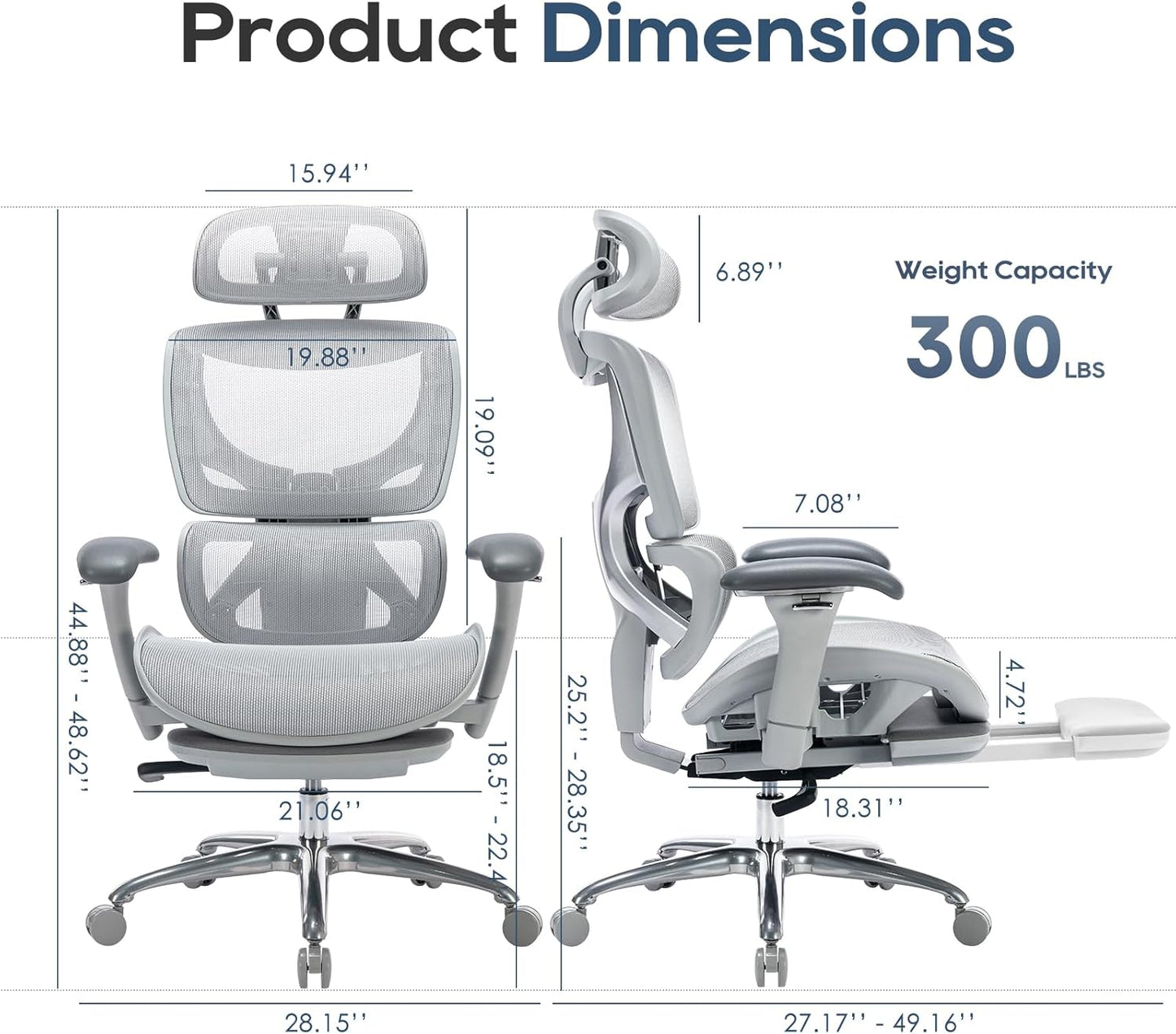 COLAMY Ergonomic Mesh Office Chair with Footrest, Executive High Back Computer Desk Chair with Wide Headrest and Adjustable 3D Arms, Backrest Height, Tilt Lock and Lumbar Support, Grey