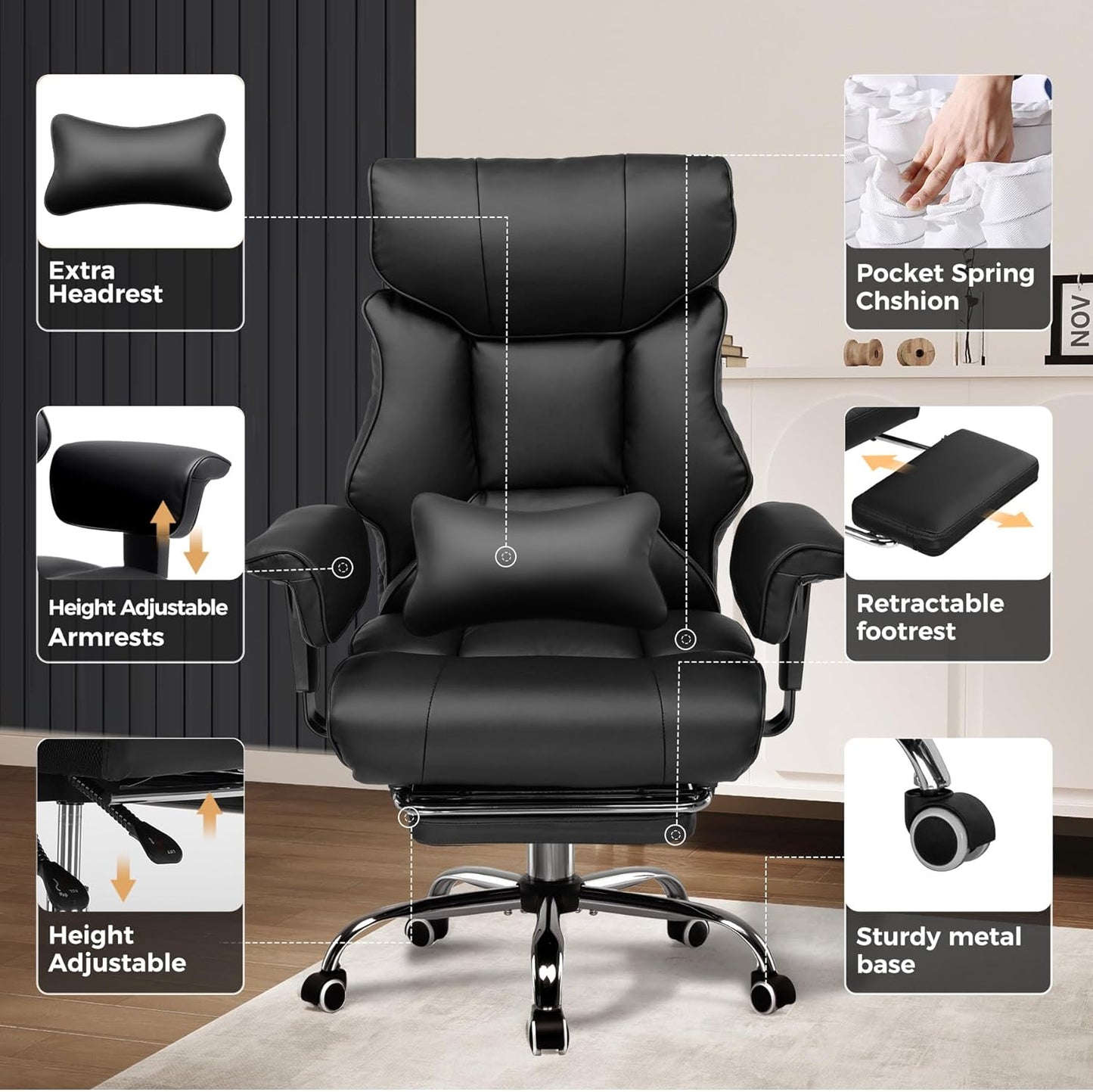 COMHOMA Big and Tall Office Chair 400lbs High Back Computer Gaming Chair with Ergonomic Lumbar Support & Pocket Spring Cushion for Lower Back Pain Relief, Leather Executive Chair with Foot Rest, Black
