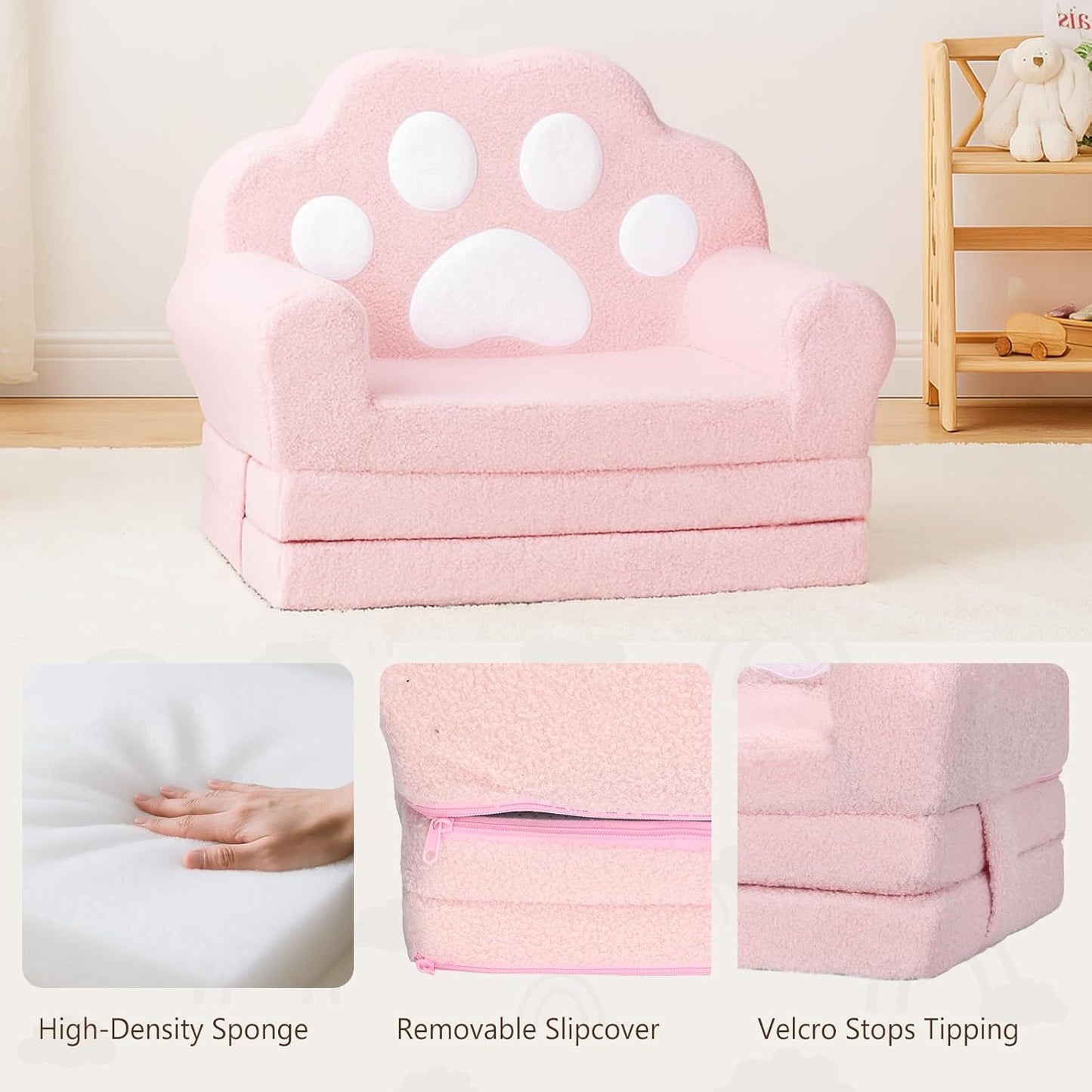MONKISS Cat Paw Kids Couch, Toddler Chairs Comfy, Toddler Couch Bed Fold Out, Baby Lounge Chair, Birthday Gift for Girls, 1-4 Years Old, SF06, Pink