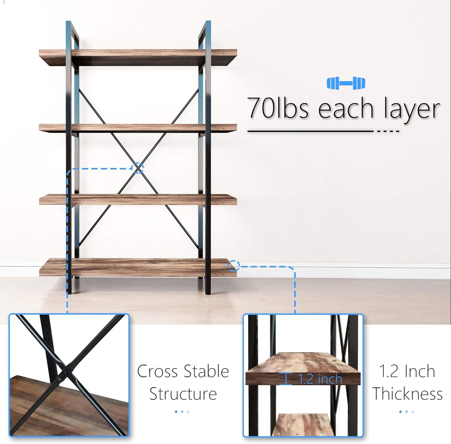 45MinST 4-Tier Vintage Industrial Style Bookcase/Metal and Wood Bookshelf Furniture for Collection,Vintage Brown, 3/4/5 Tier (4-Tier)