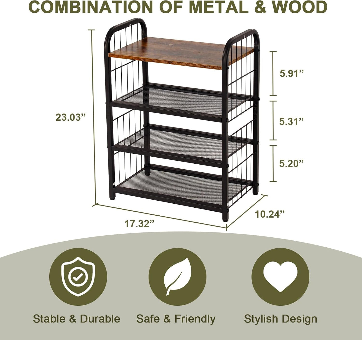 Shoe Rack, 4-Tier Shoe Organizer with Guardrails, Heavy-Duty Metal Mesh Shelves & Rustic Wooden Top for Stylish Closet & Front Door Storage