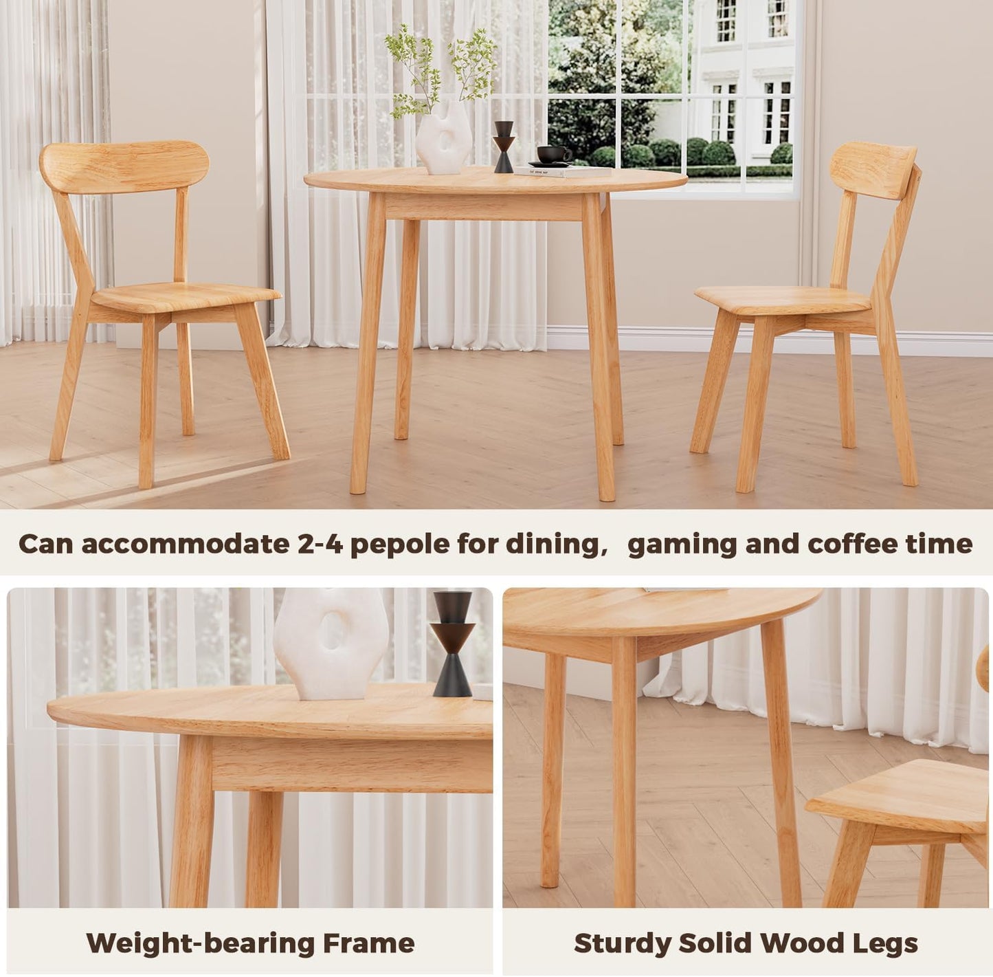 DELAVIN 31.5" Solid Wood Round Dining Table for 4, Farmhouse Small Kitchen Table for 2-4, Modern Office Table for Home Kitchen Apartment, Easy Assembly, Space Saving, Natural