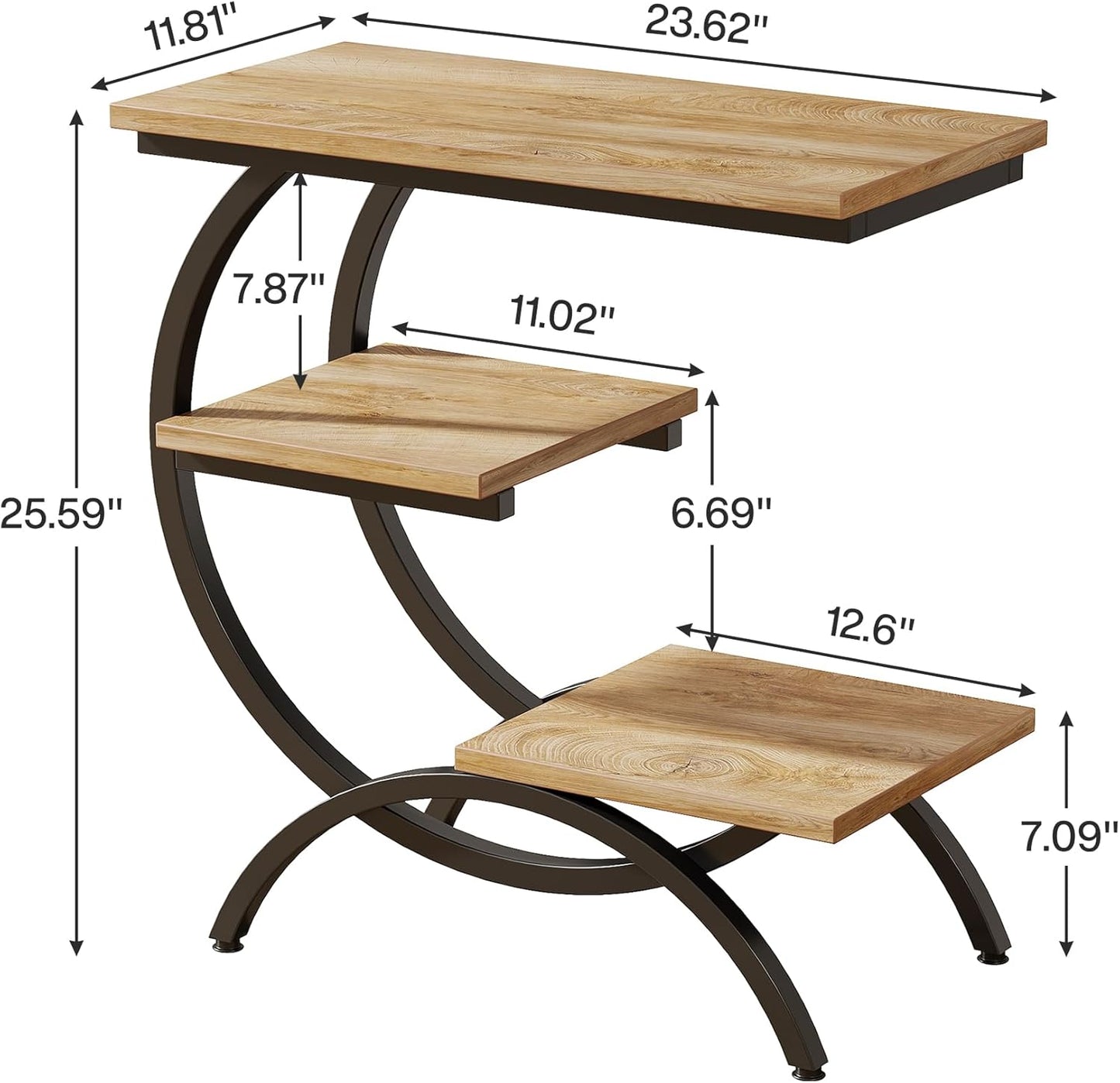 Tribesigns C-Shaped End Table, Industrial 3-Tier Small Side Table for Couch, Wood Bedside Table Snack Side Table with Storage Shelves for Living Room Small Space, Light Brown