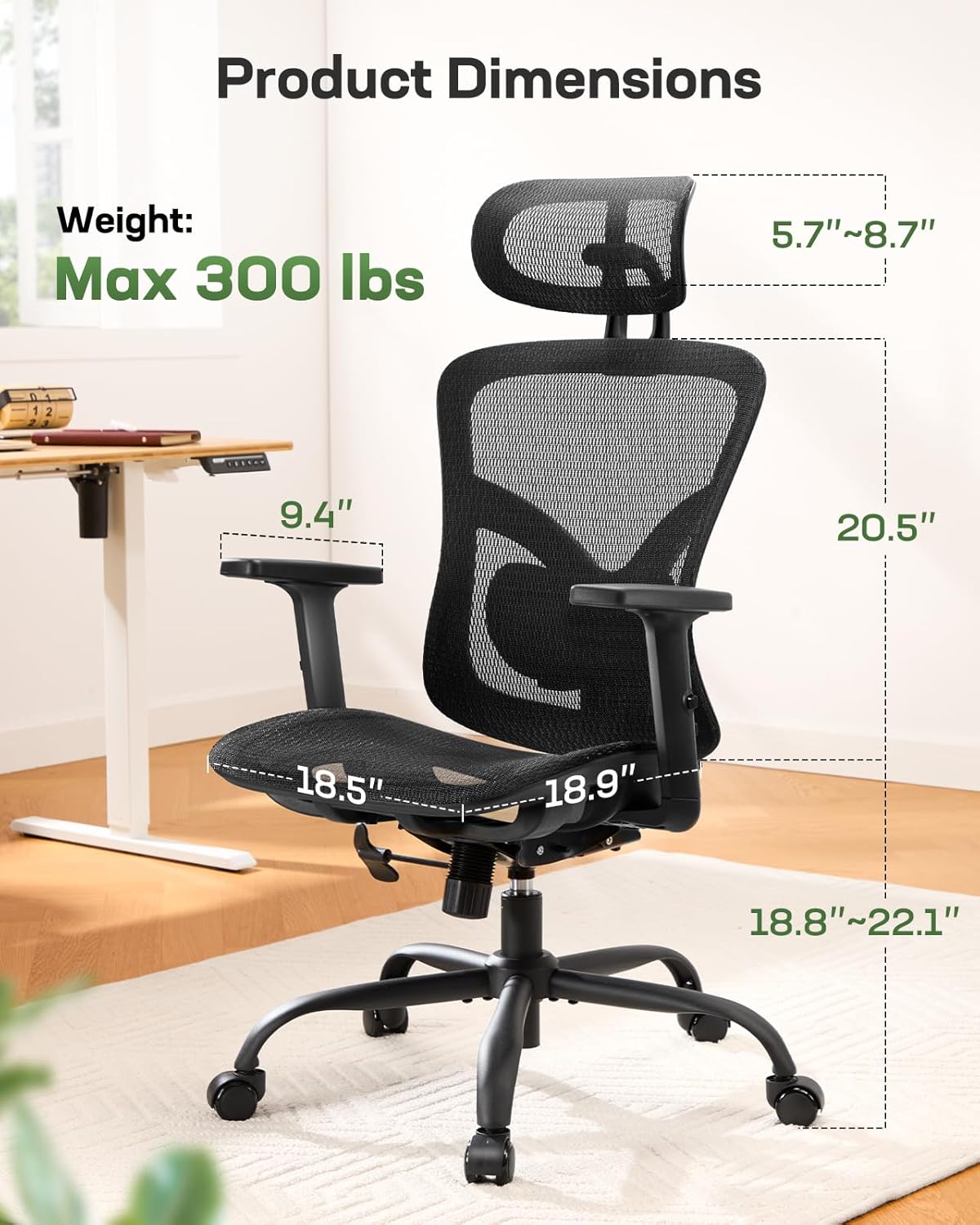Marsail Ergonomic Mesh Office Chair, Ergonomic Gaming Chair with Adjustable Lumbar Support, 2D Headrest & Up and Down Armrest