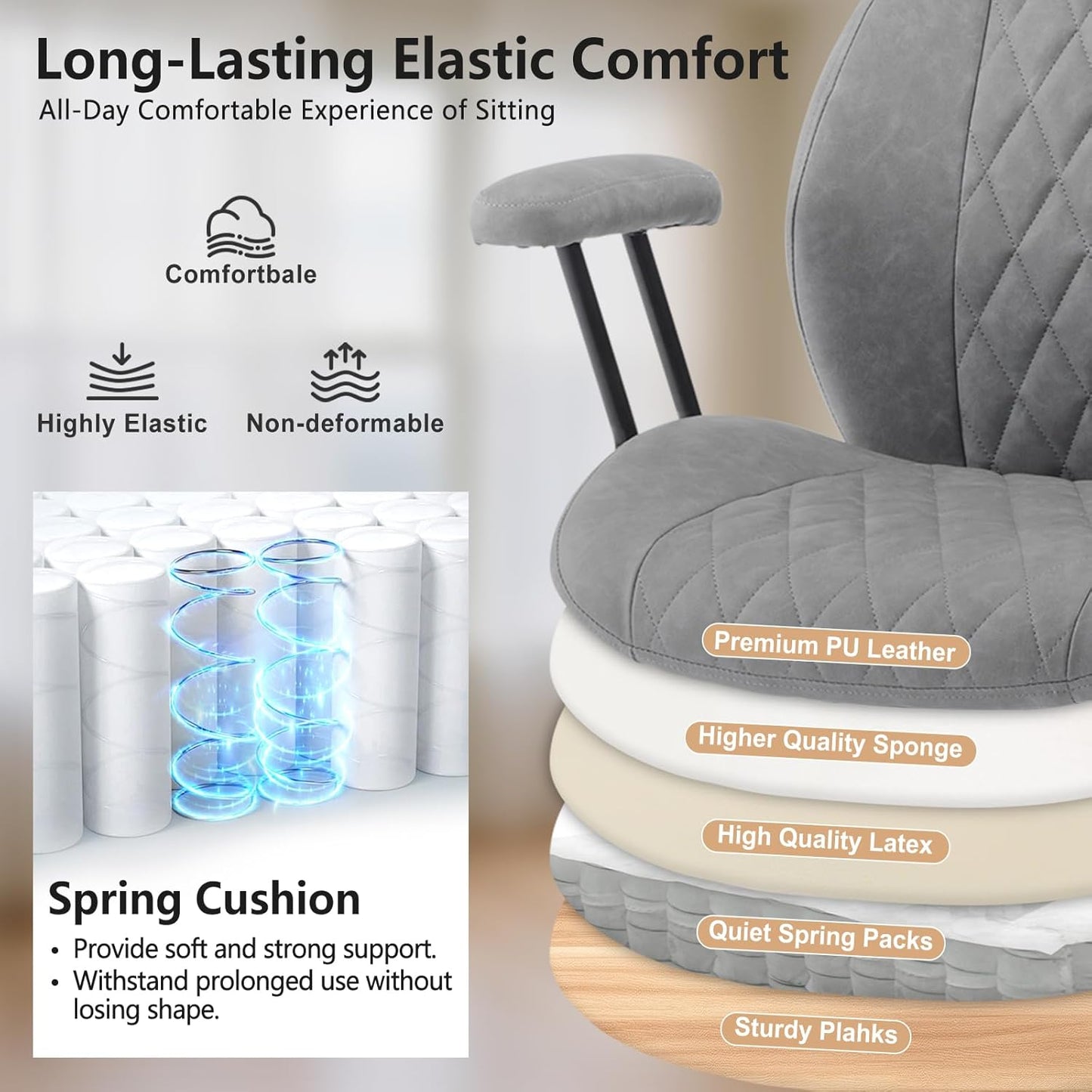 YFO Modern Ergonomic Office Desk Chair, Grey Leather with Lumbar Support, Adjustable Height, Swivel, Armrests, for Office, Gaming, Reading, Relaxing