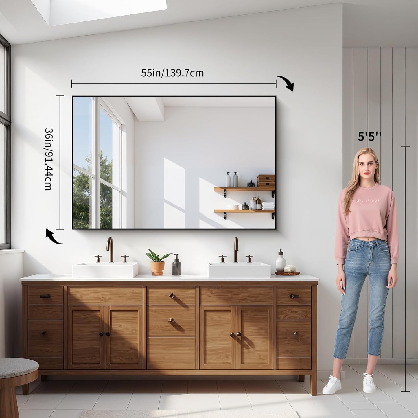 YIROMAN Bathroom Mirror 55"x36", Large Brushed Gold Bathroom Mirror for Over Sink with Aluminum Frame, Rectangular Vanity Mirror with Right Angle, Wall Mirror Hangs Horizontal or Vertical