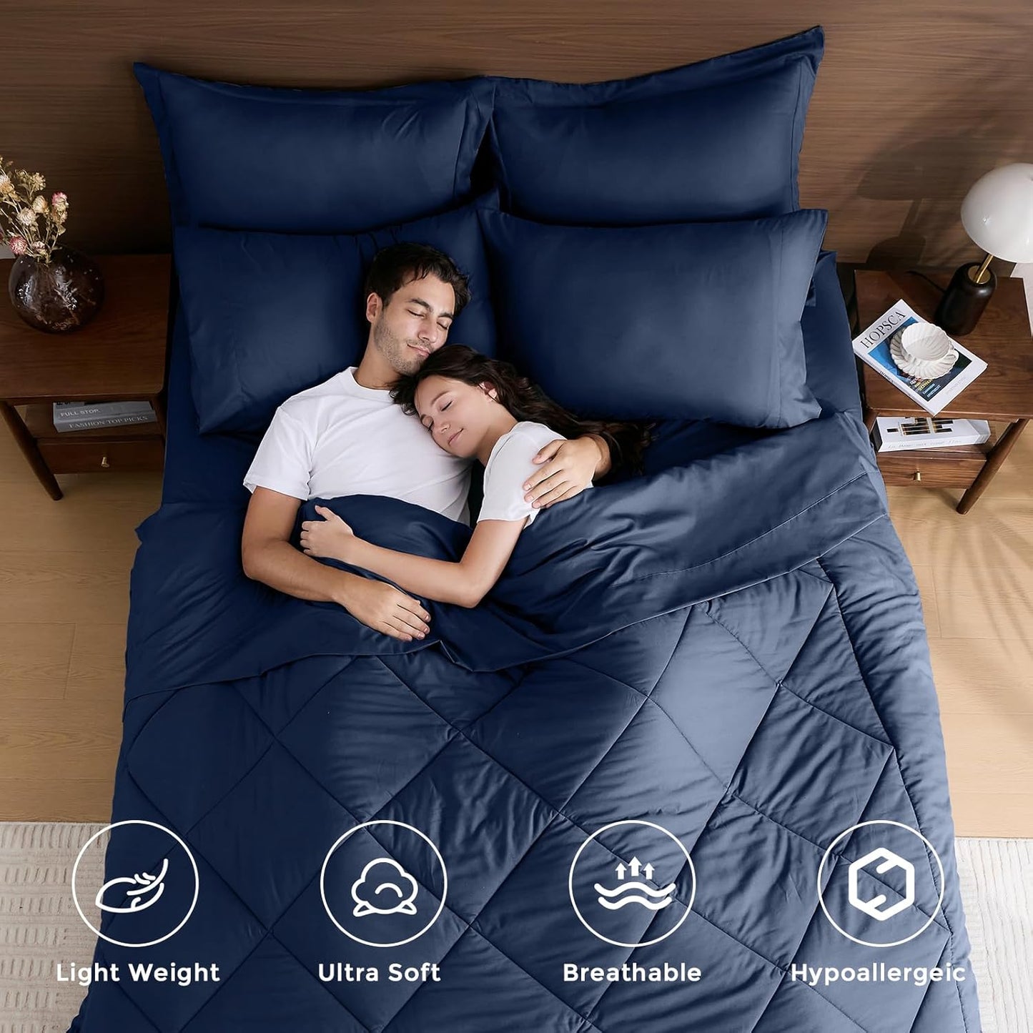 HEVUMYI Navy Blue Queen Comforter Set - 7-Piece All Season Bed in a Bag Queen, Ultra Soft Bedding Set with Comforter, Flat Sheet, Fitted Sheet, Pillowcases, Pillow Shams, Navy Blue