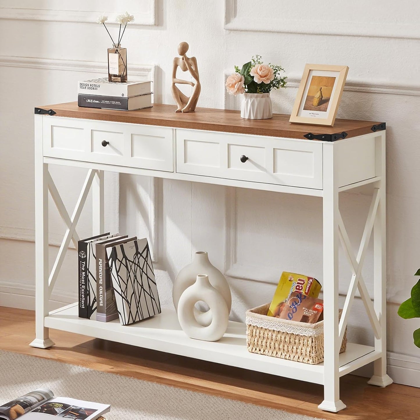 HOMBAZAAR Entryway Table,Rustic Console Table with 2 Drawers, Industrial Console Tables with Storage for Entryway, Hallway, Living Room,White,47 Inch
