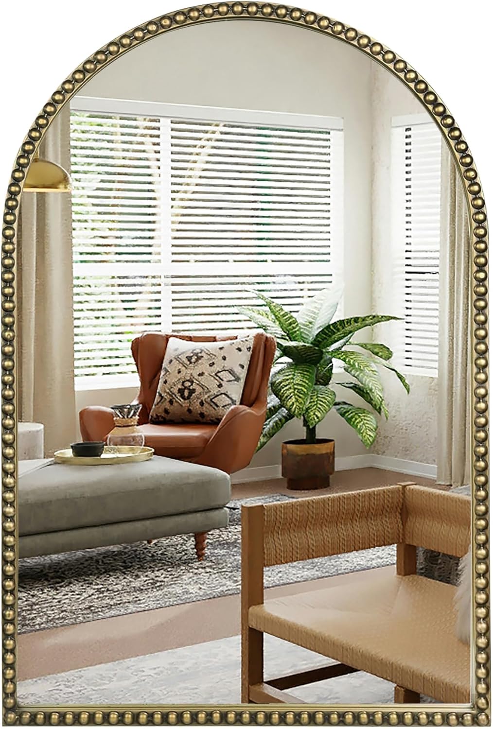 Antique Gold 24"x36" Arched Wall Mirror with Metal Beaded Frame - Decorative Accent Wall Mirror for Bathroom, Bedroom, Living Room, Entryway