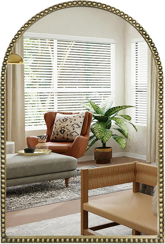 Antique Gold 24"x36" Arched Wall Mirror with Metal Beaded Frame - Decorative Accent Wall Mirror for Bathroom, Bedroom, Living Room, Entryway