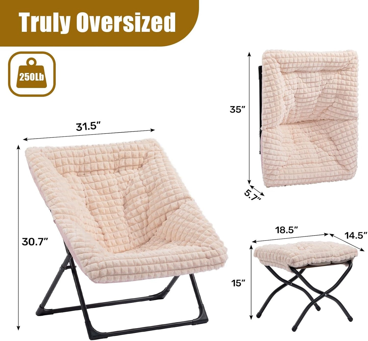 HollyHOME X-Large Saucer Chair with Foldable Ottoman, Comfy Oversized Folding Chair and Folding Footrest Stool Set, Faux-Fur Reading Chair and Footstool for Living Room, Champagne Pink Chair&Stool