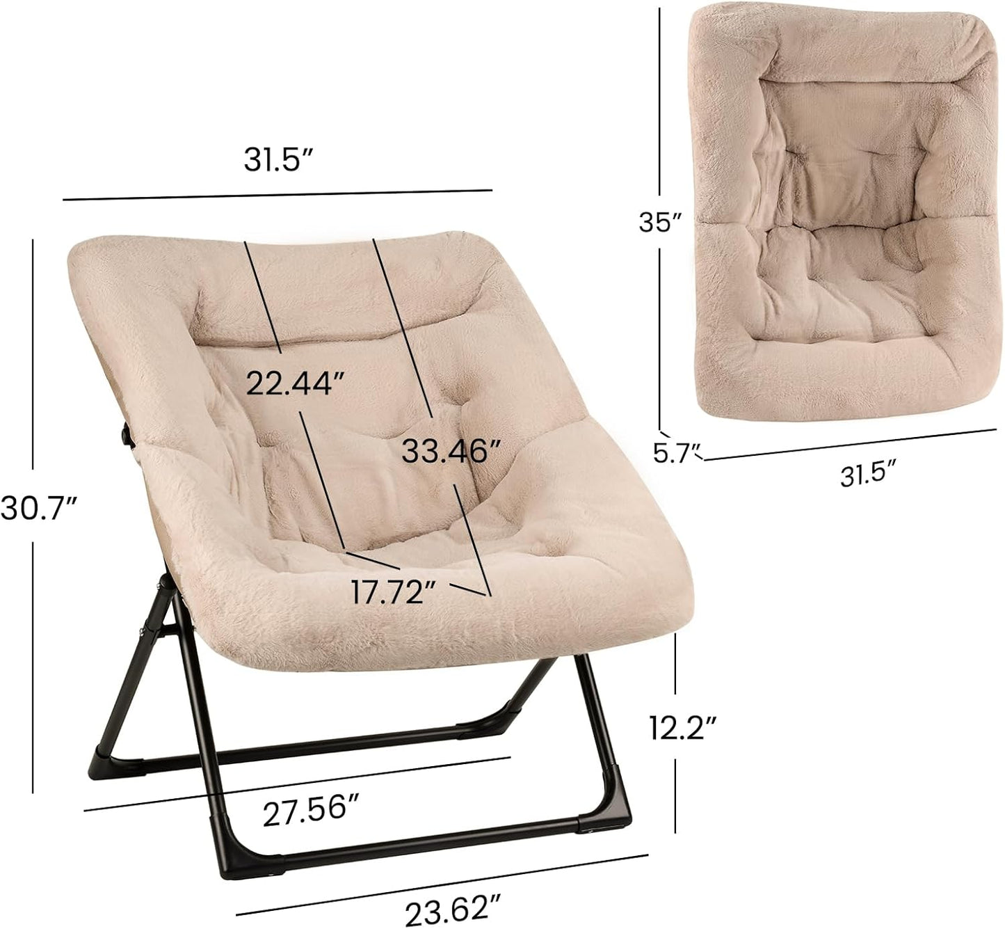 Comfy Saucer Chair for Adults, Soft Faux Fur Bedroom Chair, Accent Dorm Chairs, Flexible Living Room Reading Chairs, Oversized Folding Lounge Seat for Teens, X-Large, Light Khaki