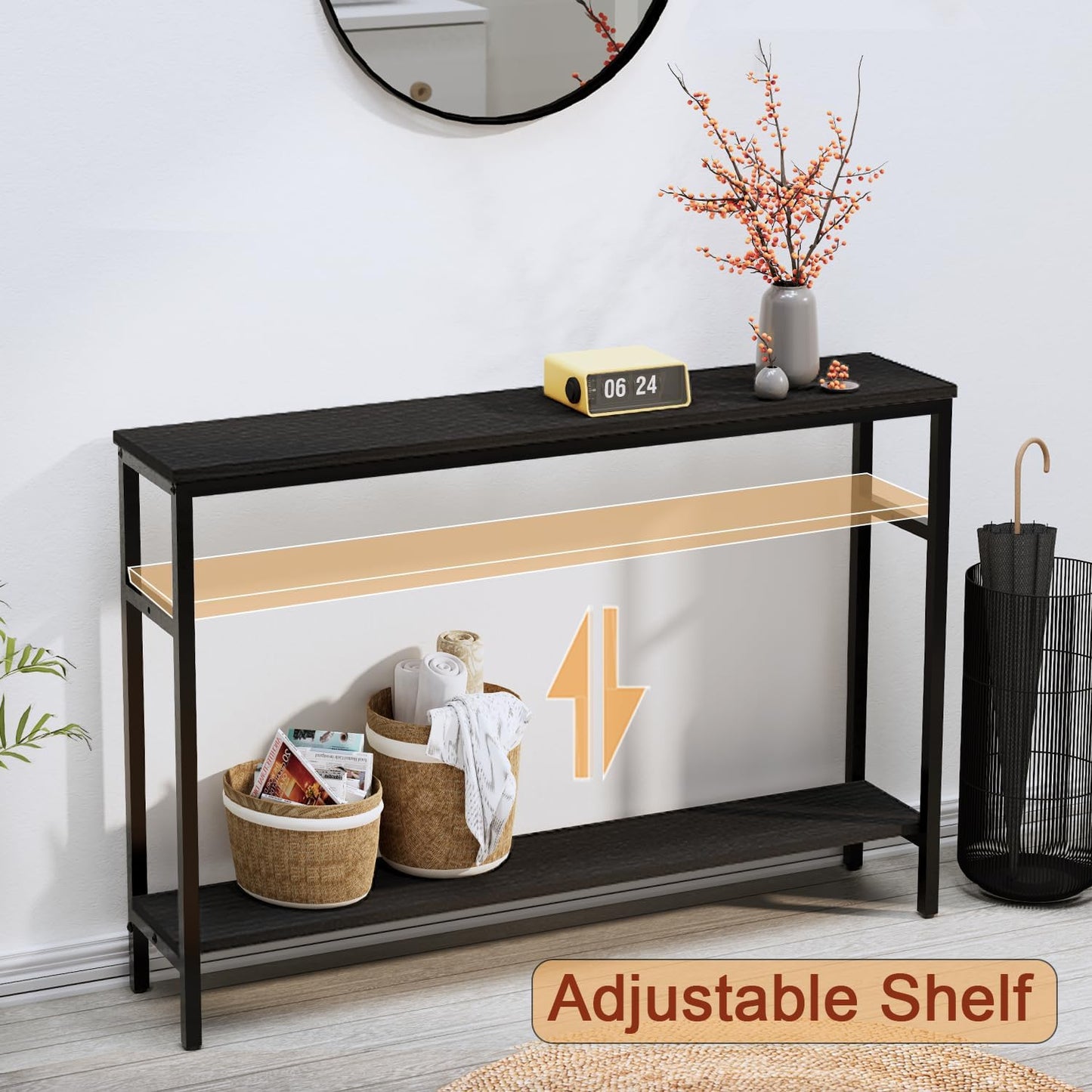 Narrow Console Table, 47 Inch Sofa Table with Adjustable Shelf, 2-Tier Long Skinny Table for Hallway, Entryway, Living Room, Foyer, Black