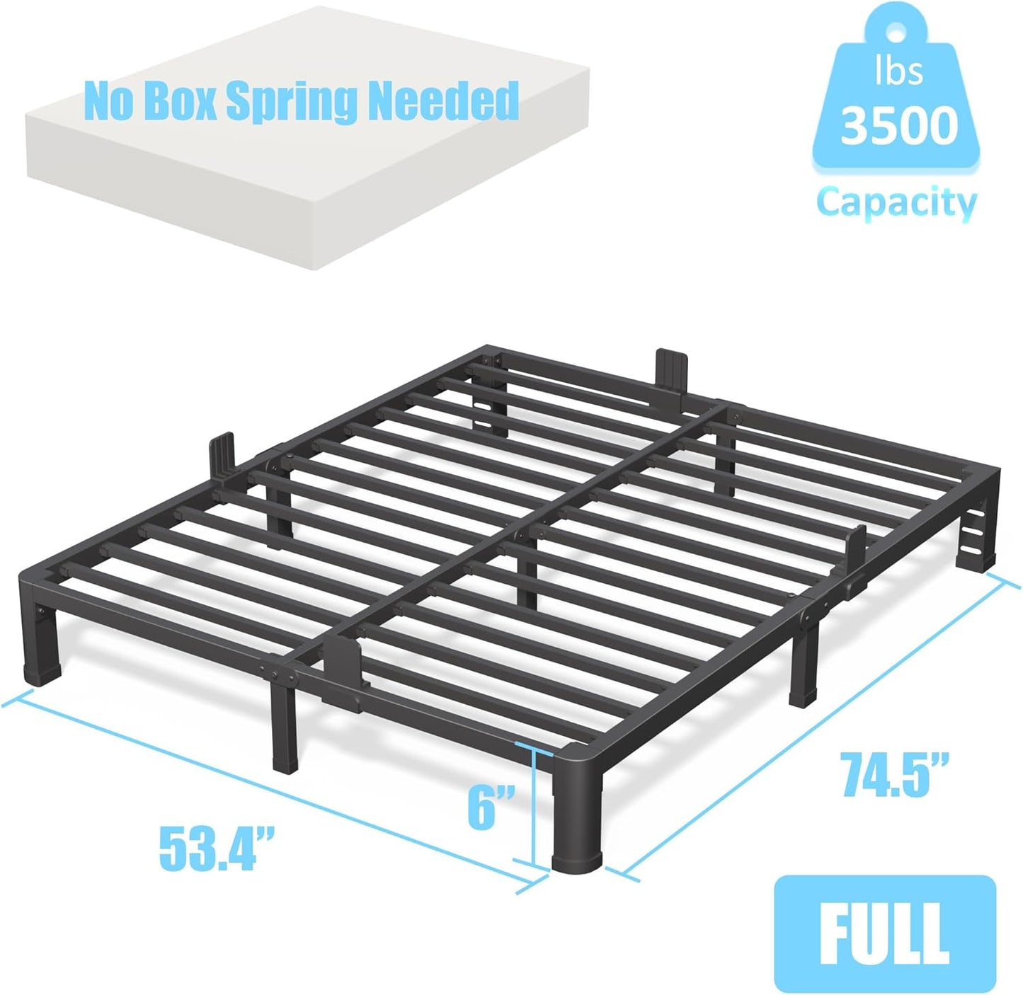 6 Inch Full Bed Frame with Rounded Corner and Headboard Hole Mattress Retainers 3500 LBS Metal Heavy Duty Steel Slats Support No Box Spring Needed Platform Noise Free Easy Assembly
