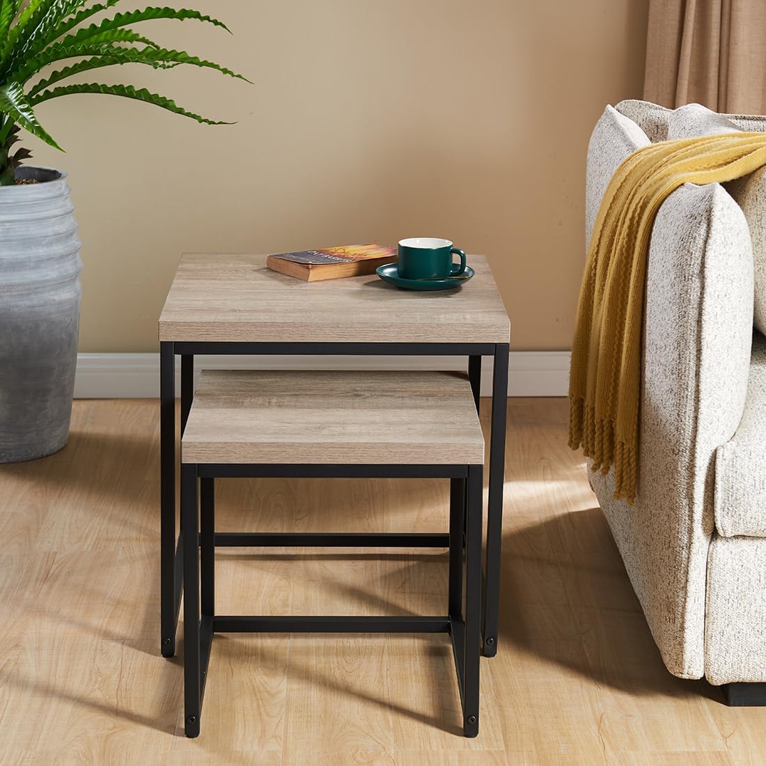 CENSI 20"x20" French Oak Nesting End Side Table, Accent Coffee Table, Square Shape, Grey Wood Finish, Blakc Metal Frame, Space-Saving, Modern Industrial Style