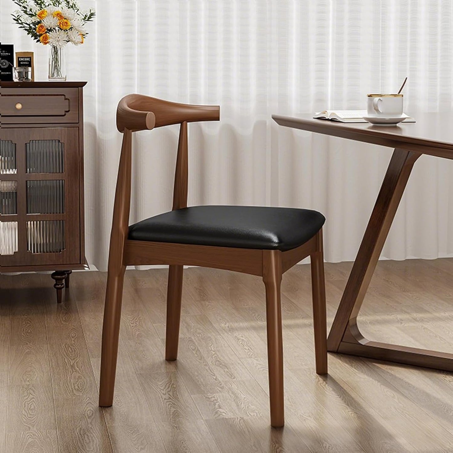 Solid Wood Dining Chair with Walnut Finish Set of 2 Mid Century Modern Upholstered PU Leather Dining Chairs with Curved Backrest for Dining Room, Kitchen, Study Room, Walnut Color