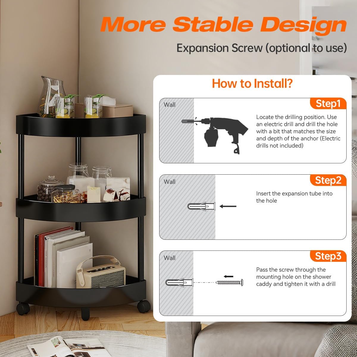 Rolling Cart with Wheels 3 Tier Bathroom Organizer Mobile Shelving Unit Utility Cart Tower Rack Multifunction Utility Storage carts, Kitchen Storage Organizer for Kitchen Laundry Narrow Places, black