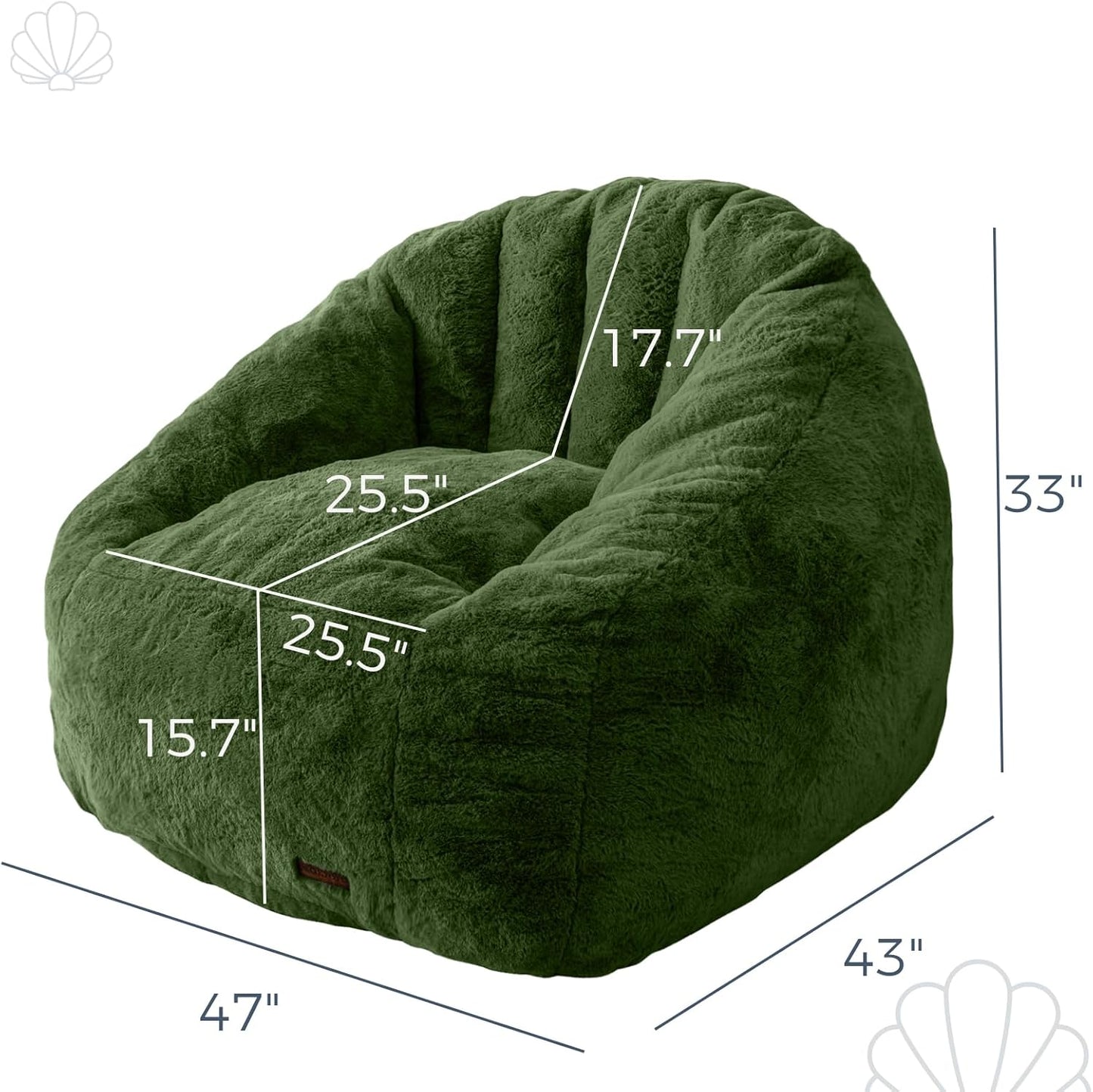 MAXYOYO Giant Bean Bag Chair, Oversized Bean Bag Couch for Adults and Kids, Faux Fur Shell-Shaped Large Chair with Filler, Stuffed Big Accent Sofa Floor Sofa for Gaming, Reading, Green