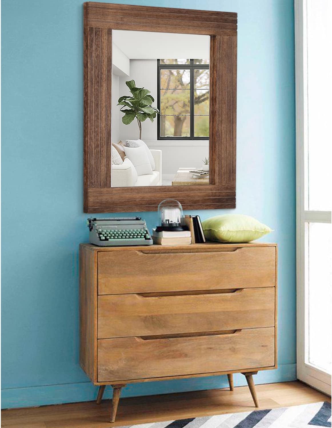 Rustic Mirror Wooden Rectangular Antique Wall Mirror Frame Decor Farmhouse Bedroom Dresser Bedroom Entryway Mirror Large Brown 26"x18"