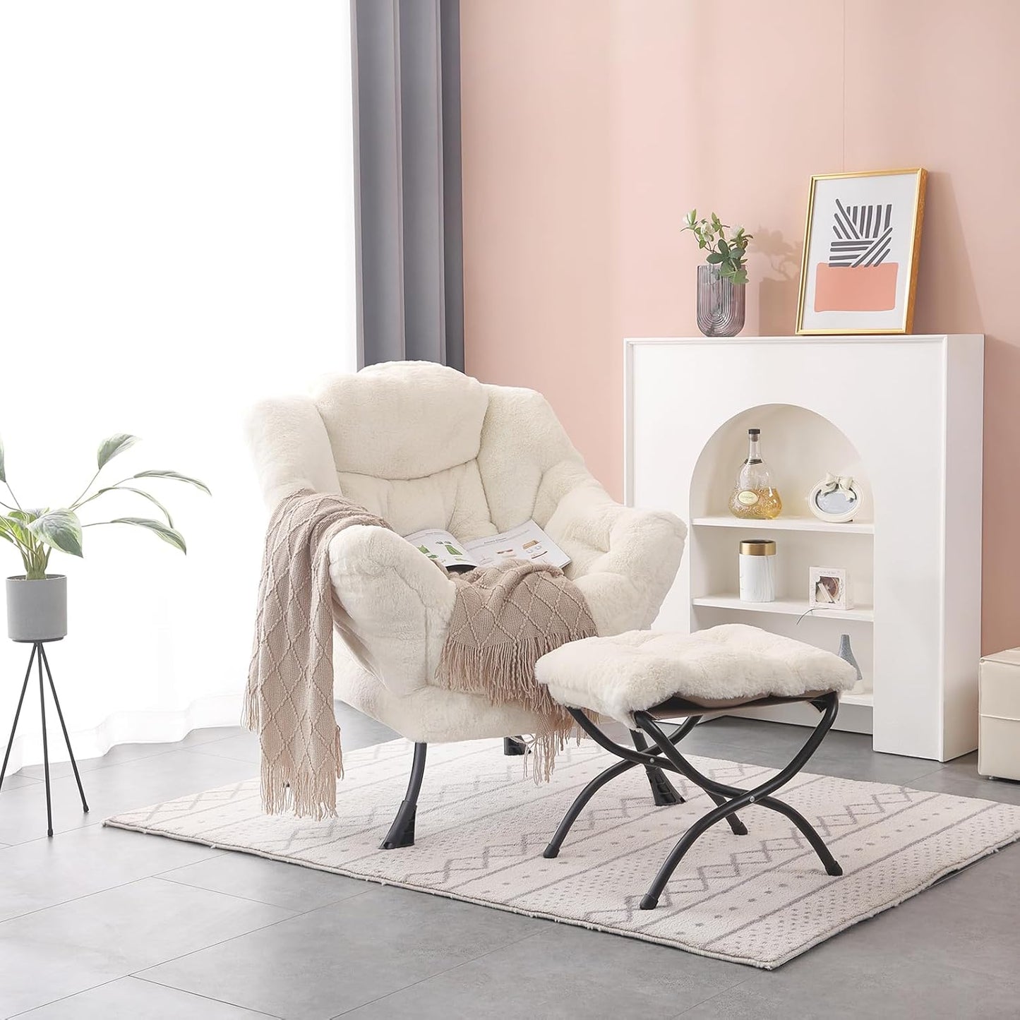 Lazy Chair with Folding Ottoman, Modern Accent Lounge Armchair with Armrests and a Side Pocket & Foldable Footstool, Leisure Reading Chair for Living Room, Bedroom, Dorm & Office, Plush Beige