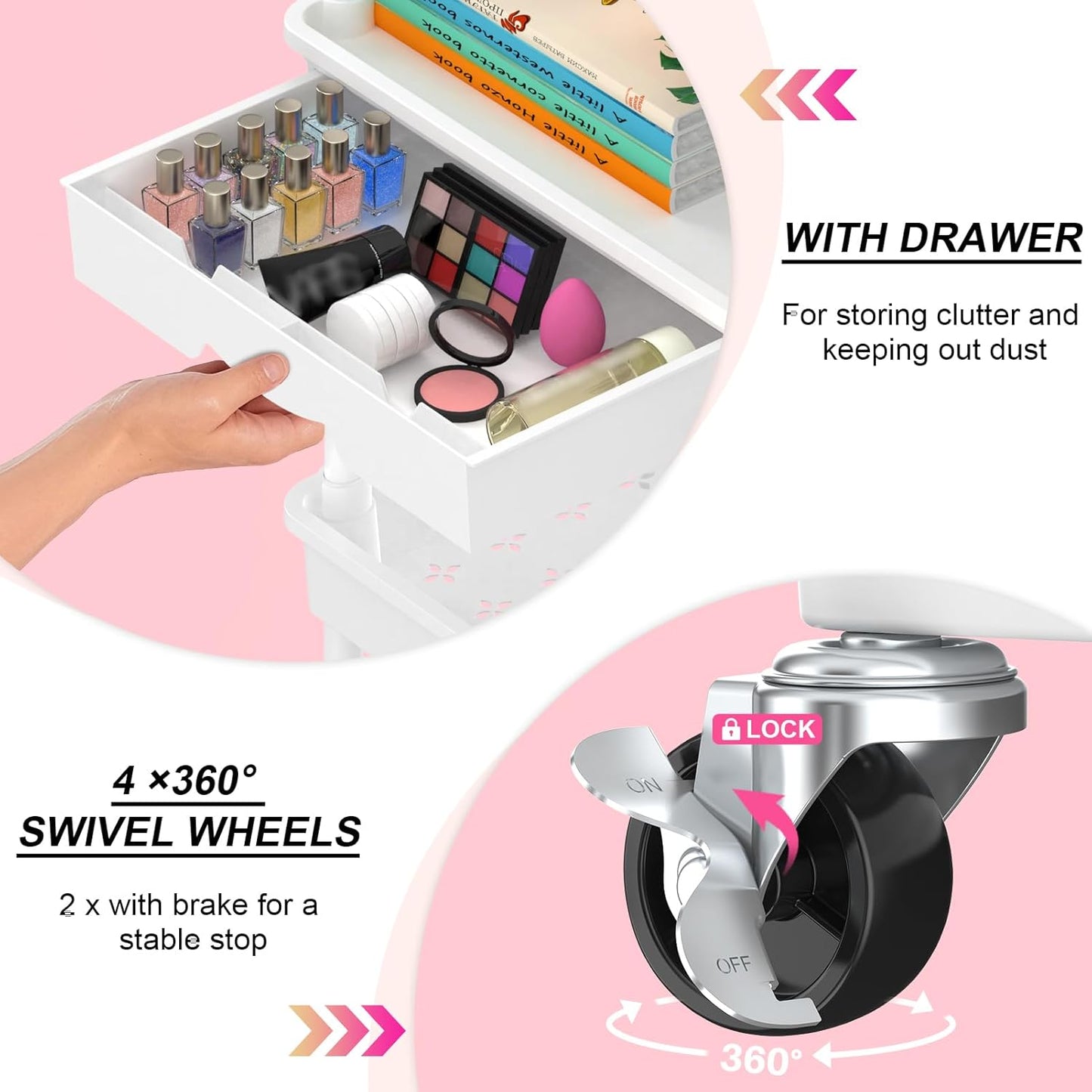 Goovilla 4 Tier Rolling Utility Cart Organizer with Removable Drawer, Stable and Sturdy White Rolling Storage Carts with 2 Lockable Wheels for Bathroom, Kitchen, Snack, Craft, Makeup, Baby Essentials