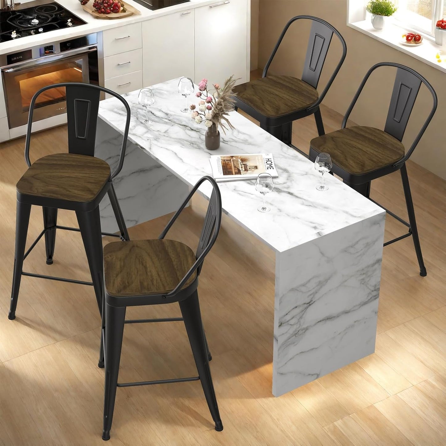 Metal Bar Stools Set of 4, High Back Bar Stools with Wooden Seat, 24 inch Black Barstools for Kitchen Island