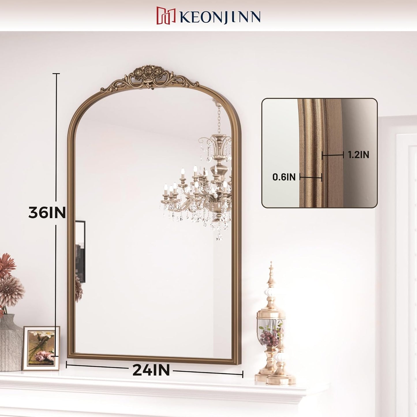 Keonjinn Vintage Mirror Gold 24" x 36", Arched Decorative Mirrors for Wall Decor, Antique Mirrors Bathroom, Ornate Baroque Brass Mirror for Mantle, Entryway, Living Room, French Cleat Mounting
