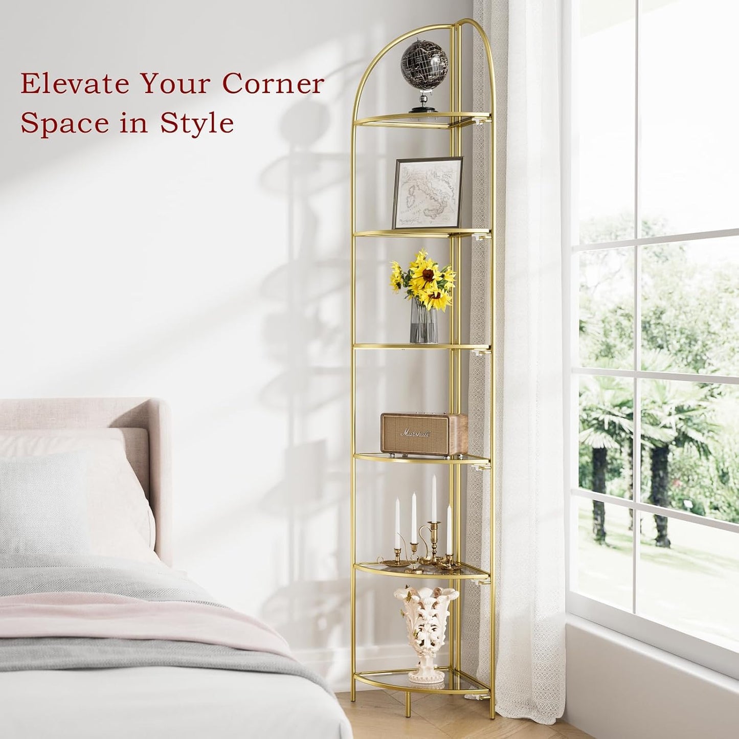 Crofy Foldable 6 Tier Corner Shelf, Metal Corner Plant Stand with Gold Frame and Transparent Shelves, Corner Display Rack Multipurpose Shelving Unit for Living Room, Bedroom, Bathroom