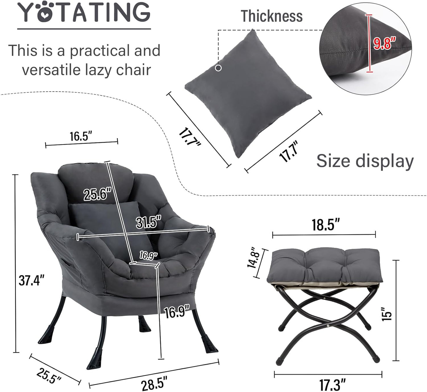 Lazy Chair with Ottoman, Comfy Reading Lounge Chair with Footstool & Throw Pillow Modern with Armrests & Side Pocket for Living Room, Bedroom, Dorm Room, Dark Grey