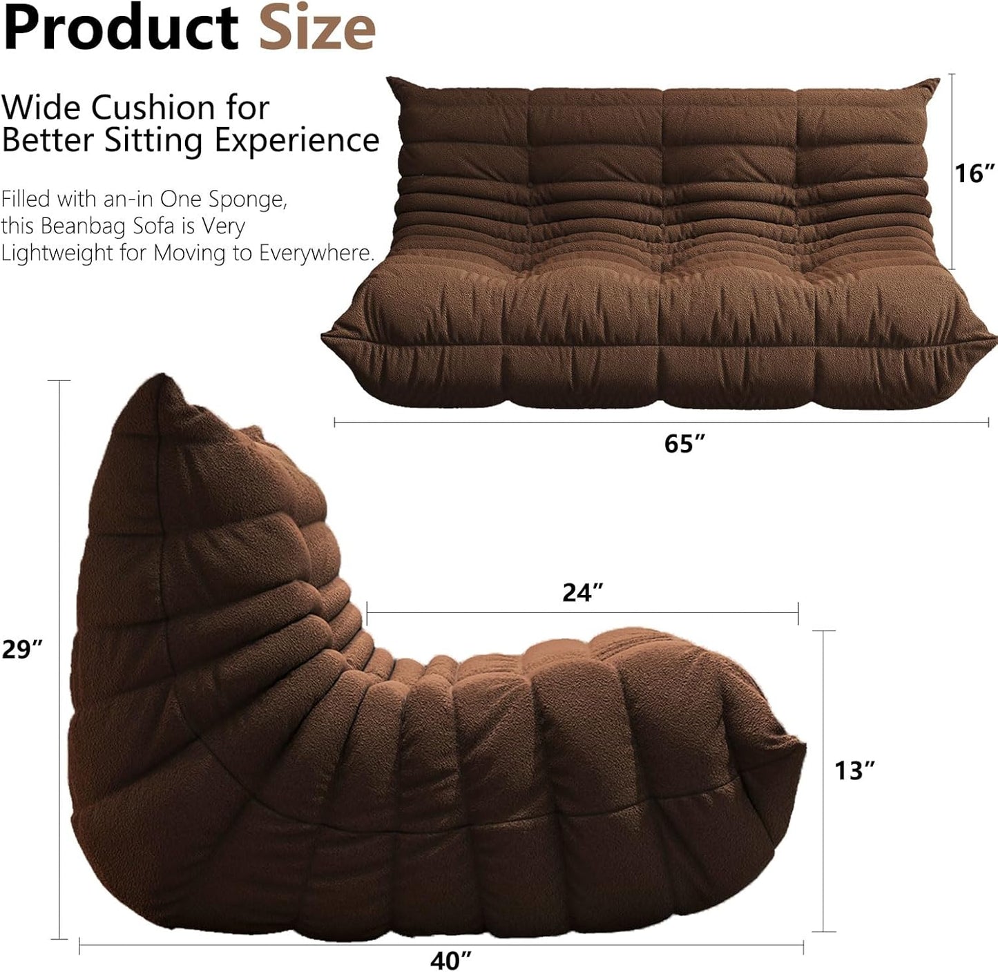 Bean Bag Chairs for Adults, BeanBag Reading Chair Memory Foam Couch 3-Seater, Floor Chair Soft Teddy Material, Comfy Reading Nook Chairs for Bedroom Living Room Office (Brown)