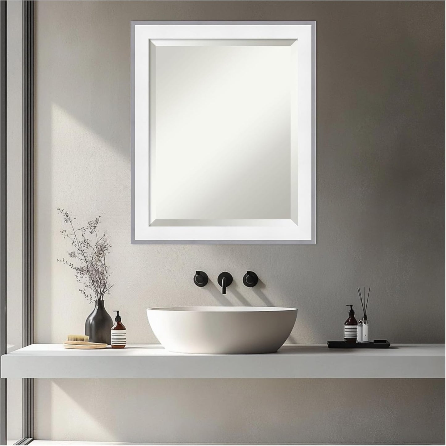 Amanti Art Bathroom Mirror for Over Sink, 23x19 Maya White Silver Rectangle Vanity Mirror, Small Modern Contemporary Frame, Hangs Horizonally and Vertically, Bathroom Wall Decor, Beveled Edge