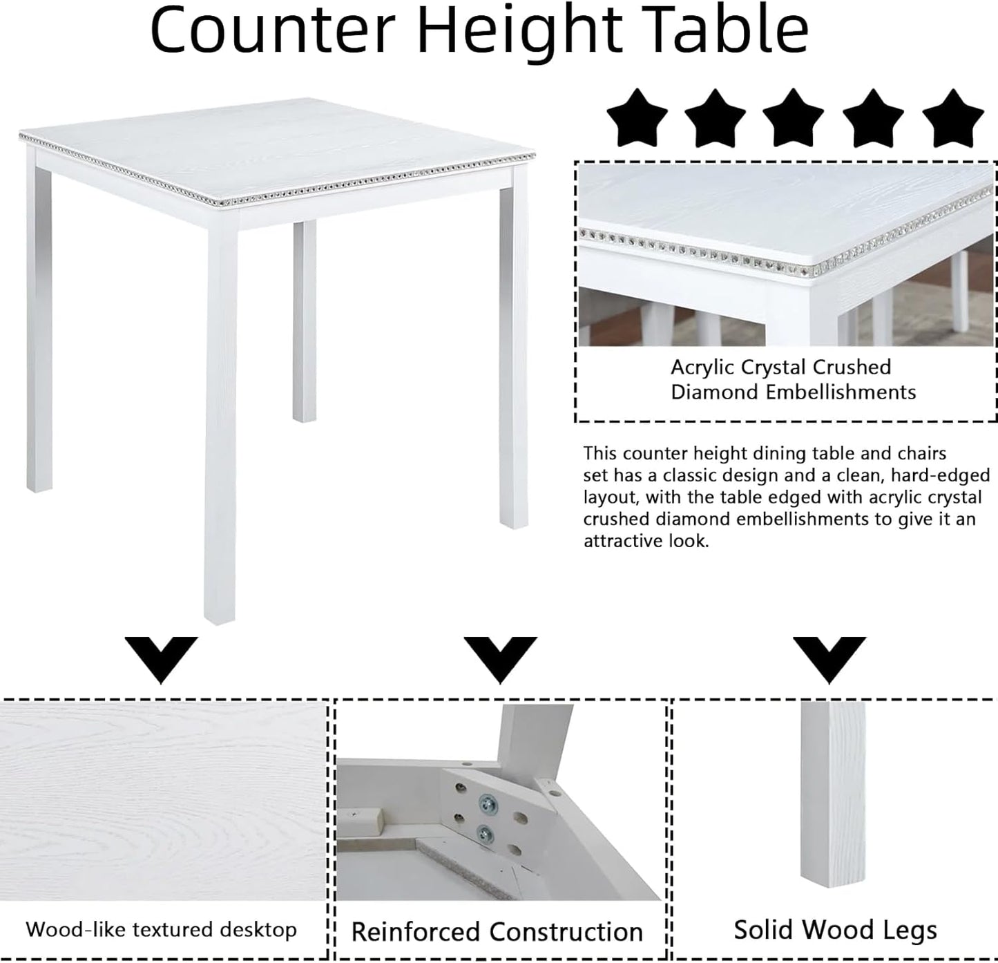 Dining Table Set for 4, 5-Piece Dining Room Table Set with Square Crystal Decoration Table & 4 Upholstered Backrest Chairs, Counter Height Kitchen Sets with Wood Grain & Footrest, White