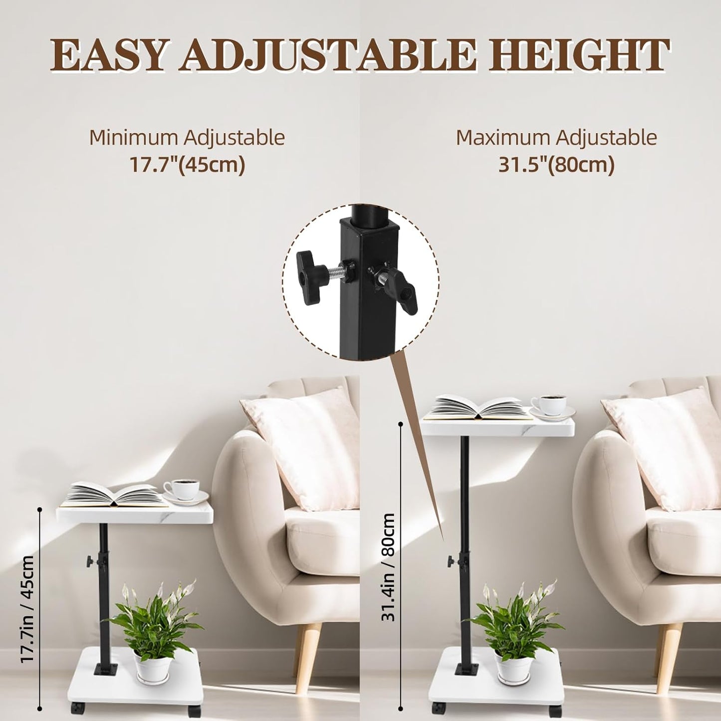 C Table Side Table End Table Adjustable Height，C Shaped End for Couch，Snack Tables,360°Swivel TV Tray Sofa Table， For Small Spaces，Side Tables living room and bedroom for Sofa, Bed,Chair(White)