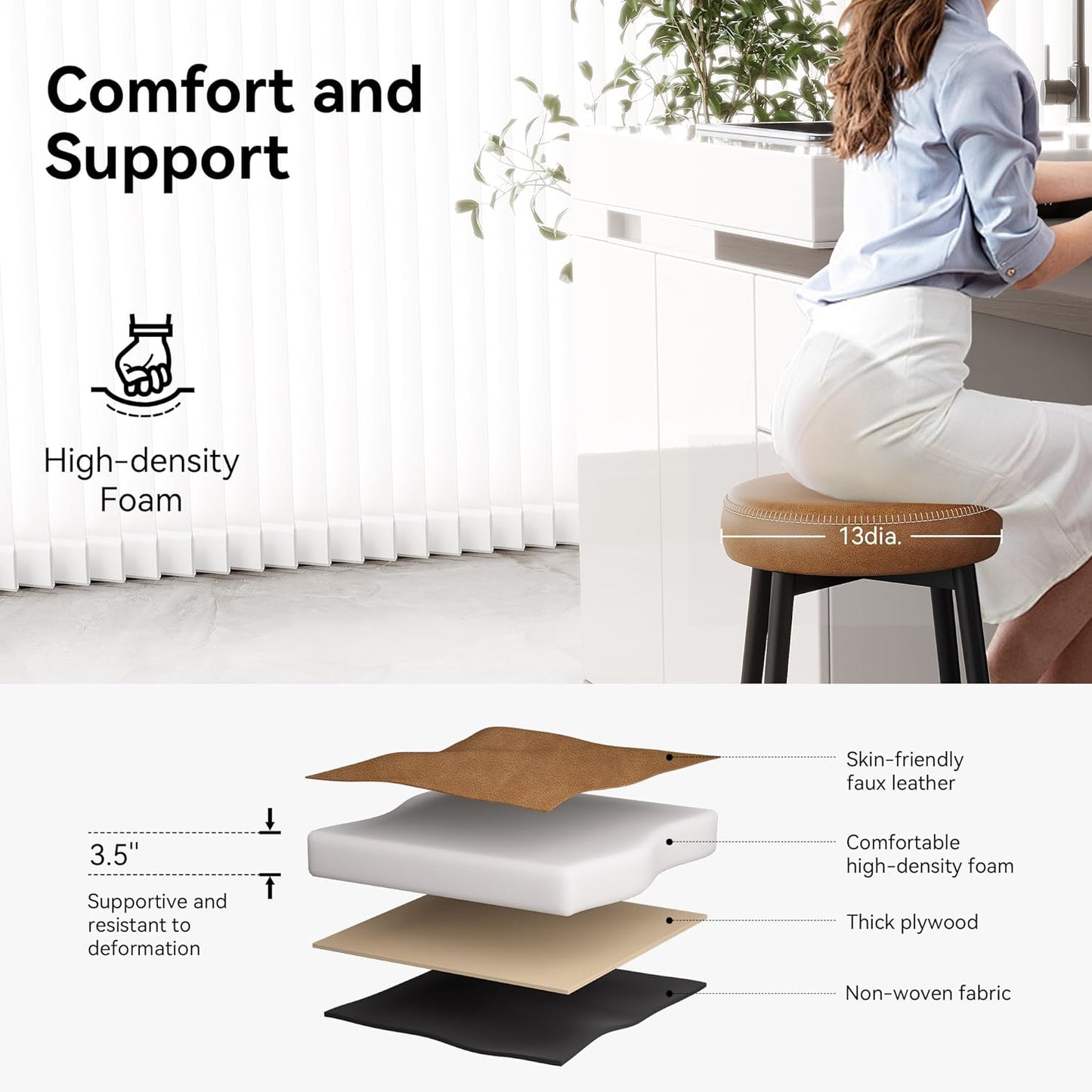 Counter Height Bar Stools, 26" H Backless Bar Stools Set of 2, Upholstered Faux Leather Kitchen Counter Stools, Mid Century Modern, Kitchen Island Home Bar, Pub, Caramel Brown