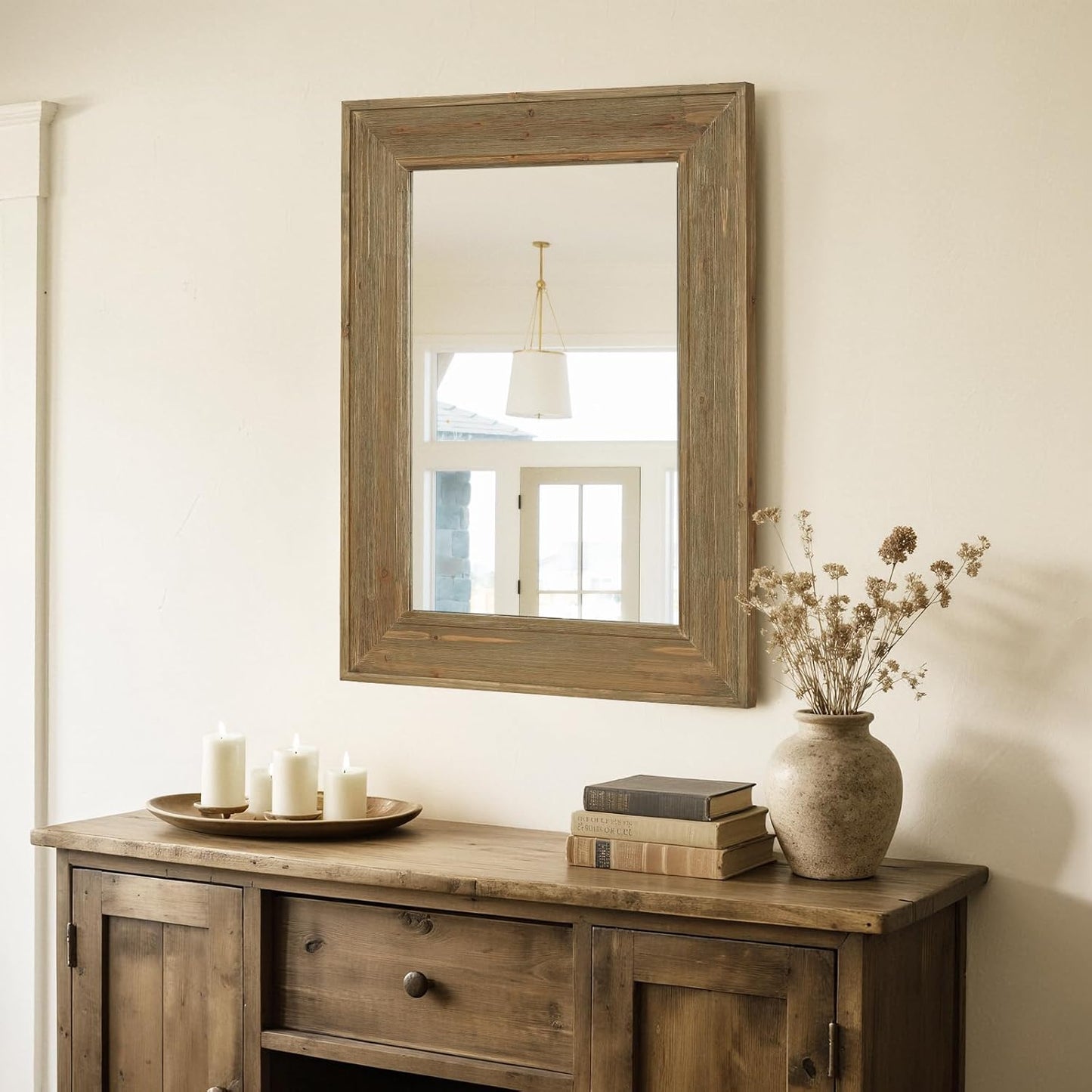 WallBeyond Rustic Wood Framed Mirror, 24" x 32" Farmhouse Decorative Wall Mirror, Vintage Solid Wood Rectangular for Bathroom, Entryway & Living Room, Natural